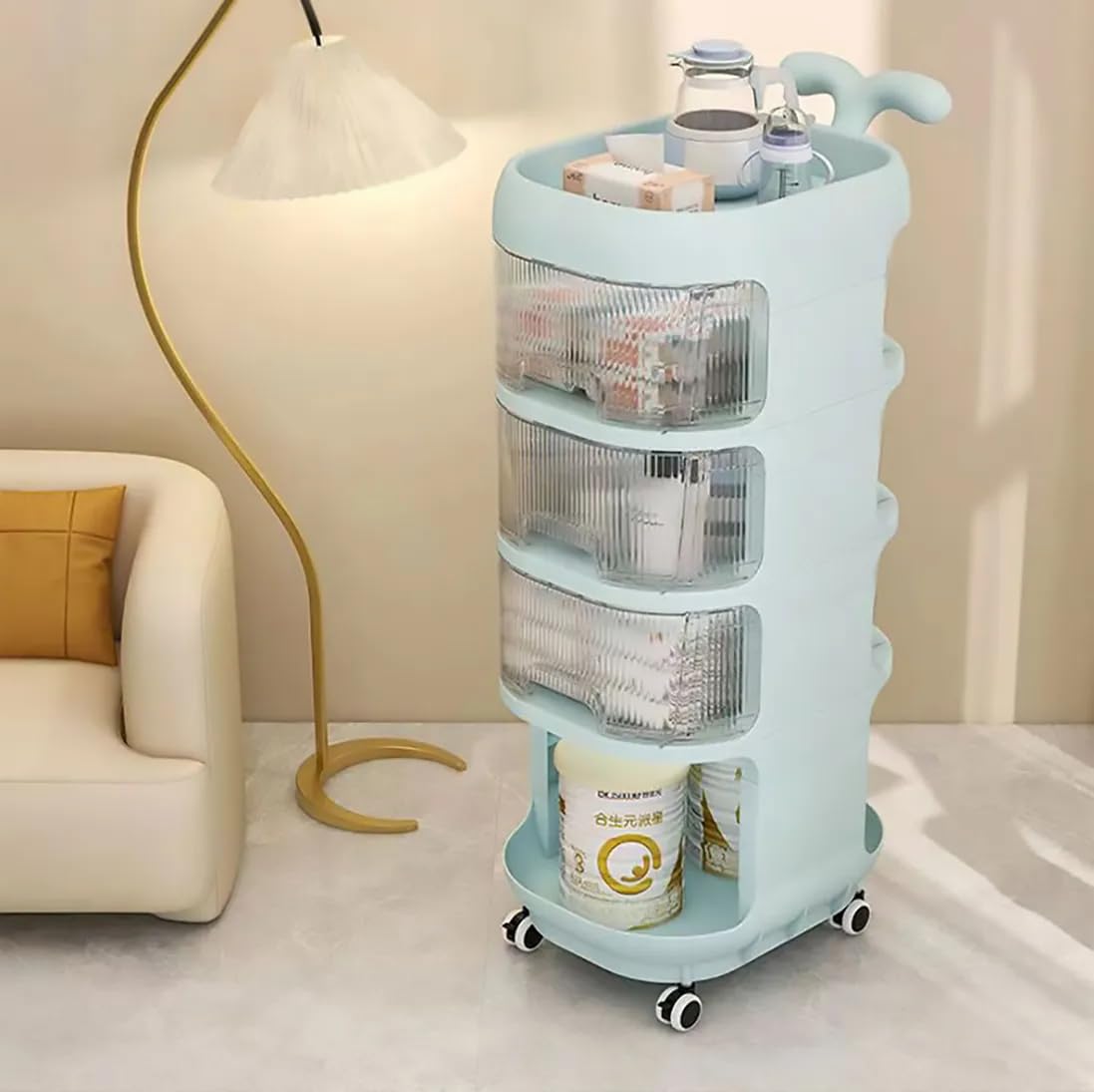 5-Tier Storage cabinets For Baby Accessories, Storage Organizer, Portable Rolling Utility Cart for Diapers, Milk Powder, Bottles, Baby Wipes, Plastic Nursery Cart with Wheels (Blue)