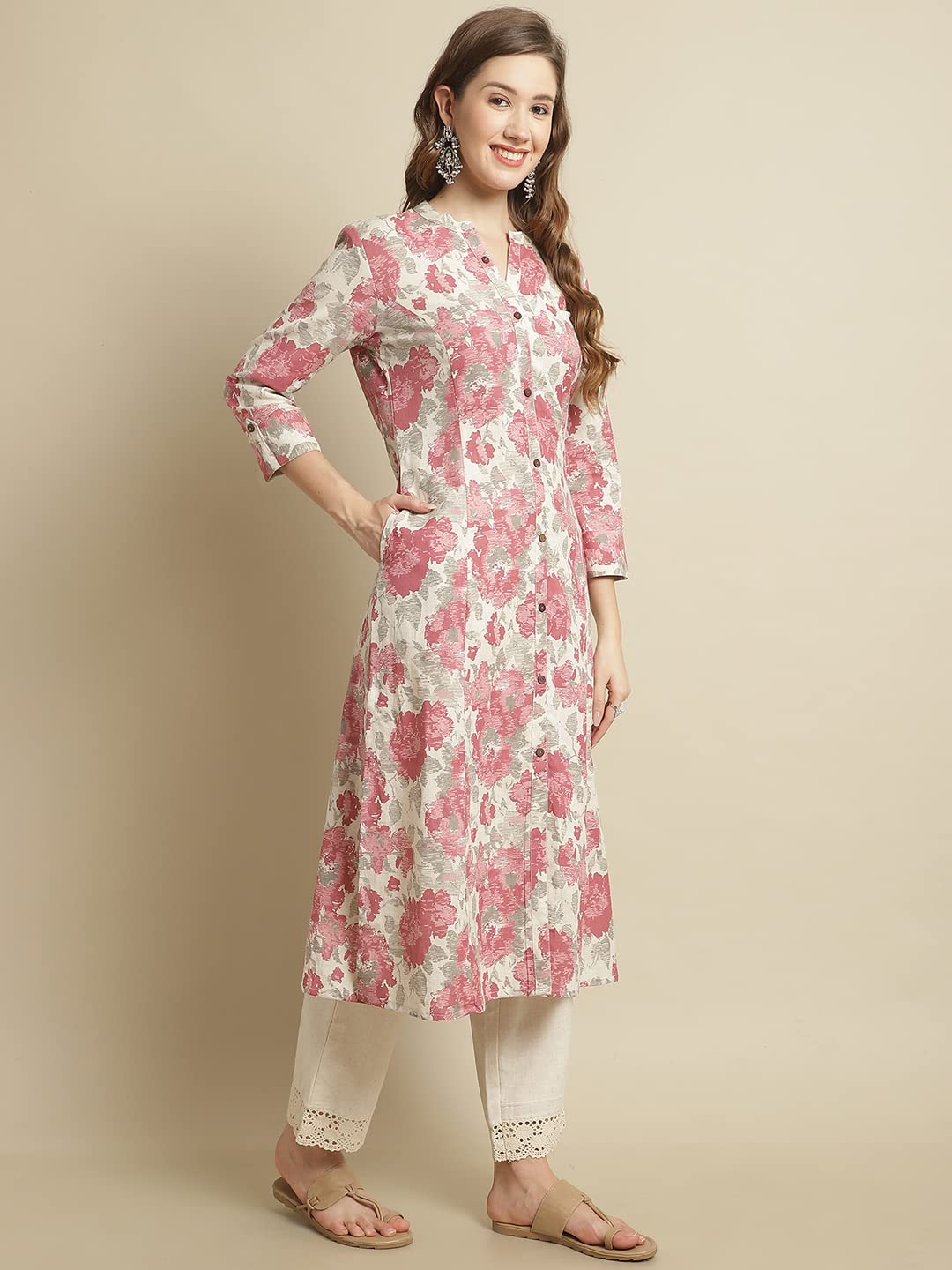 Pistaa's Women's Cotton Regular Printed Regular Fit Kurta (XX-Large, Pink) 1