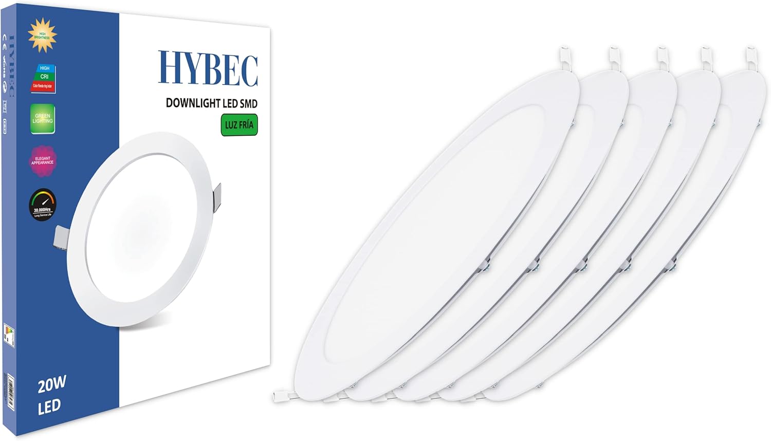 HYBEC - Downlight LED techo empotrable, Downlight LED 20W, Foco LED Interior techo, Driver incluido, Luz Fría 6500ºK* (Pack 5)