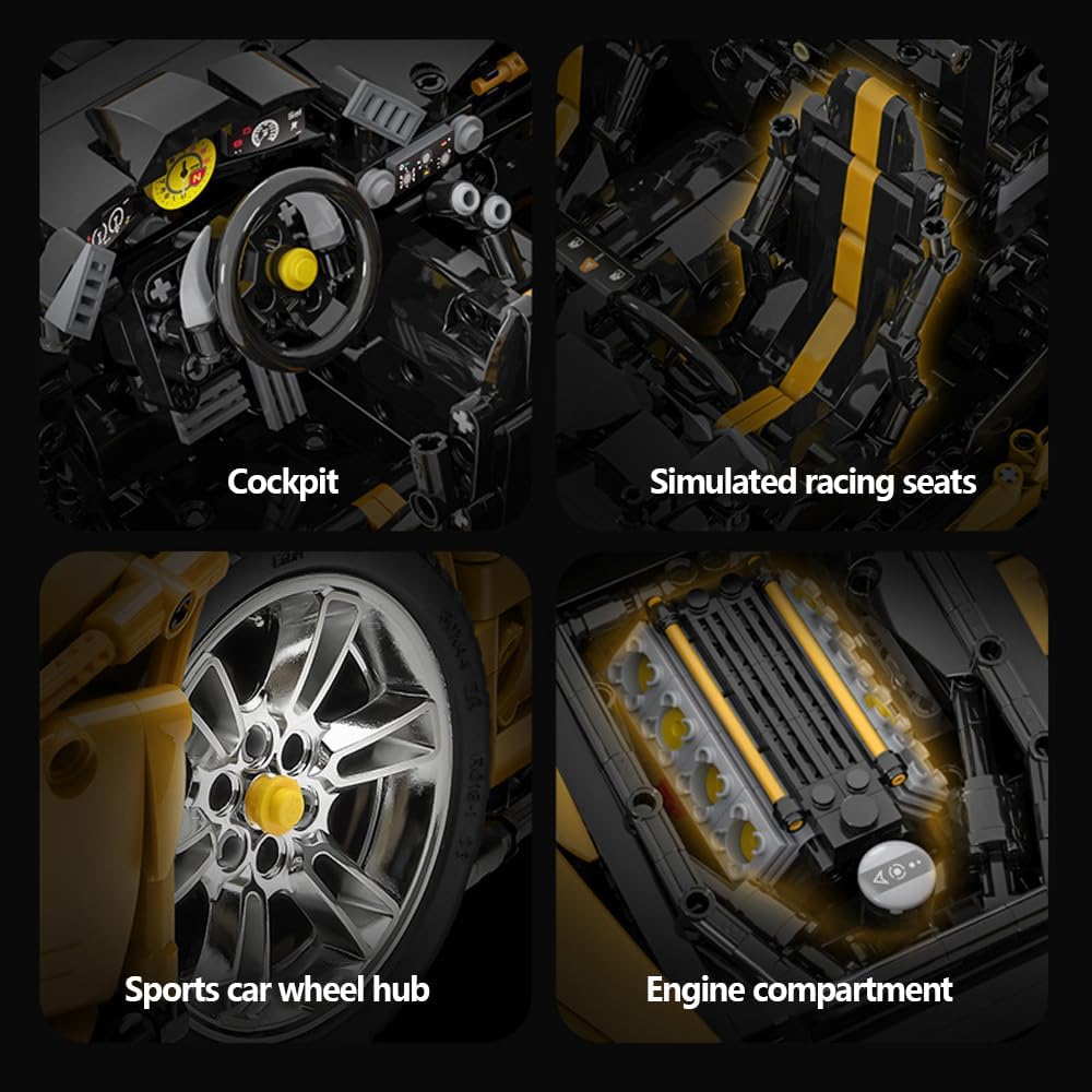 Четири детални views of the CaDA Master C61057W 488 Supercar: cockpit, simulated racing seats, sports car wheel hub, and engine compartment.