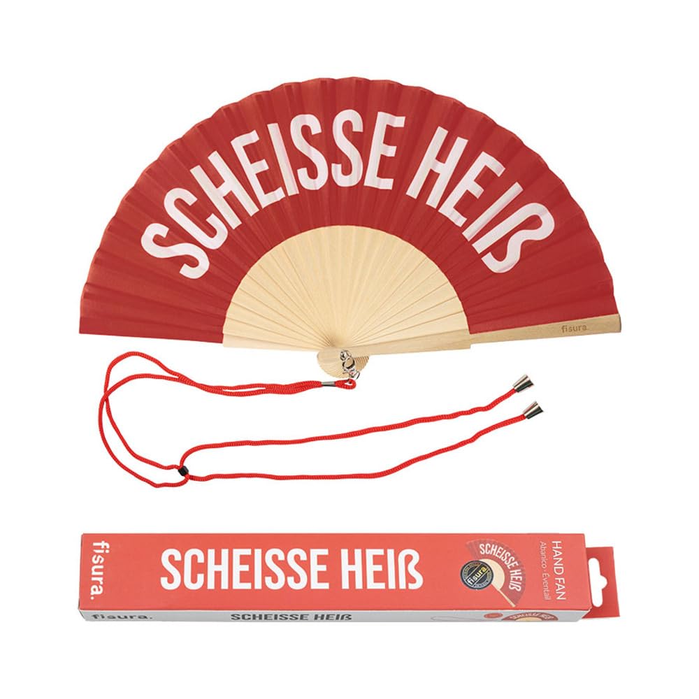 FISURA Original Hand Fan with the Message Sch*isse HeiÃ Modern and Funny Wooden Fan Red White Fan with Fan Holder Dimensions 42.5 x 23 cm