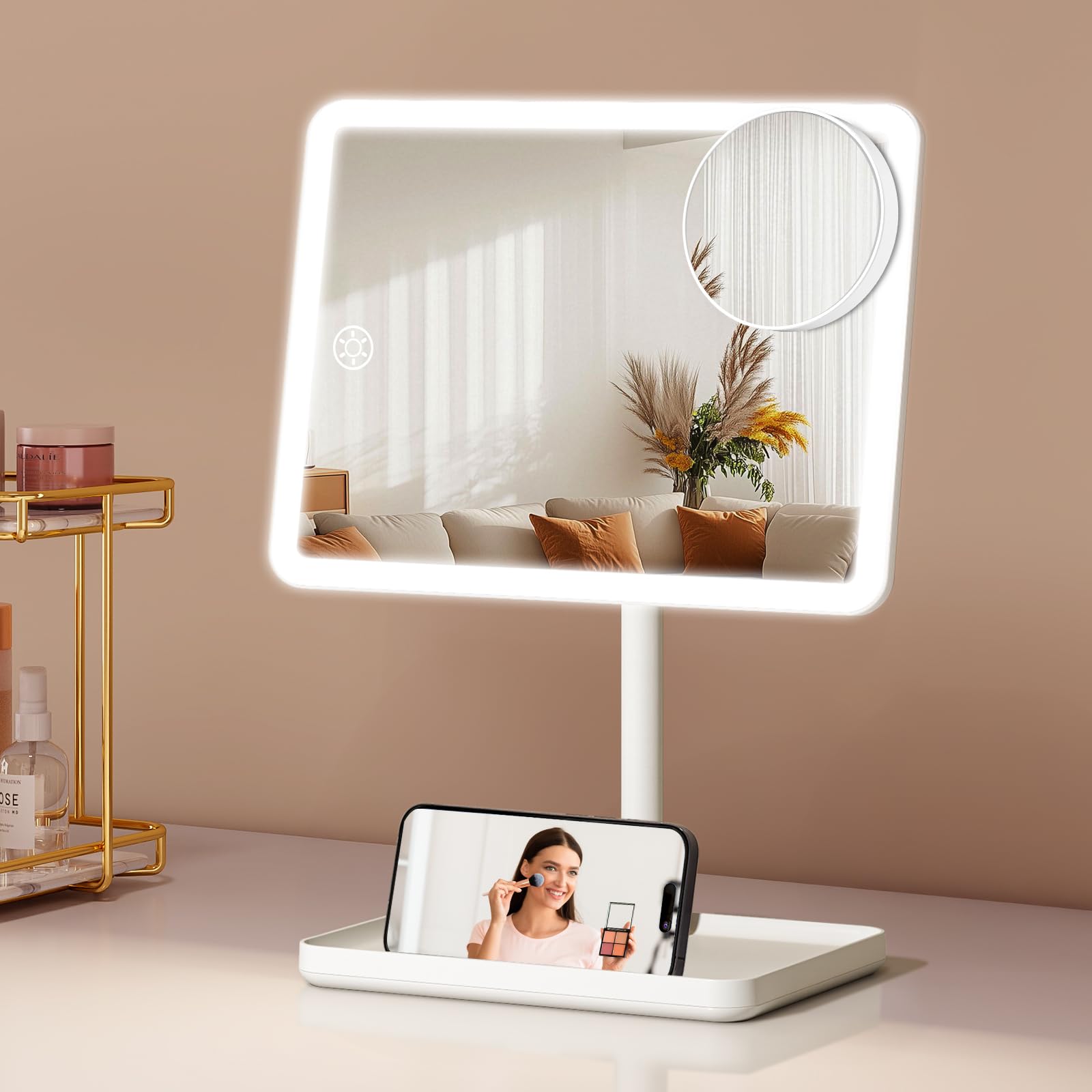 Rechargeable Makeup Mirror, 3-Colour Dimmable Lighted with 10X Magnifying