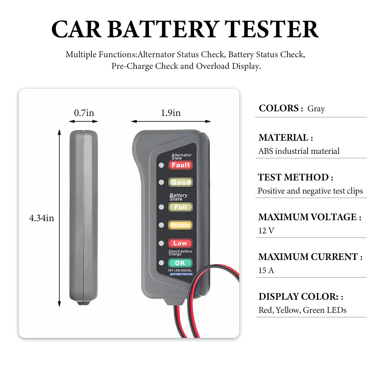 DXNQ Car Battery Alternator Tester, 12V Car Battery Load Tester, Auto Alternator Tester with 6 LED Indicator, Battery Tester for Testing Battery Condition & Alternator Charging for RV Golf SUV