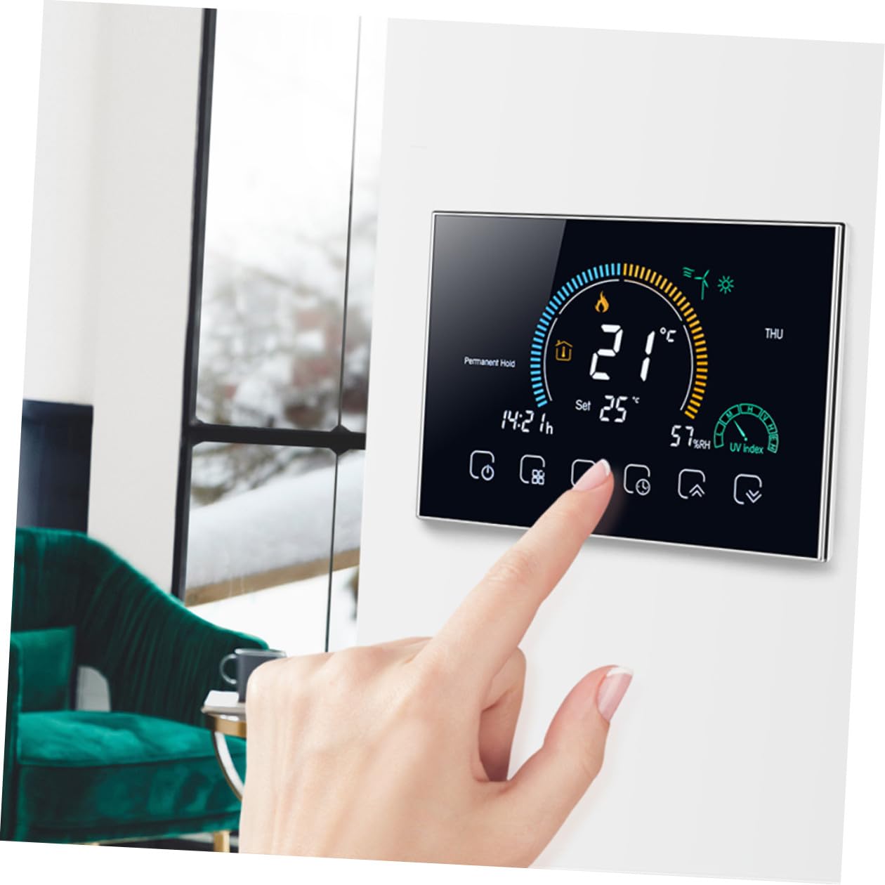 Intelligenter Raumthermostat 95-240v mit 5a Schwarz, Touchscreen | 4, 8 Zoll Lcd, 5-35℃ Einstellbereich, 86mm Kassette und 60mm Rundbox