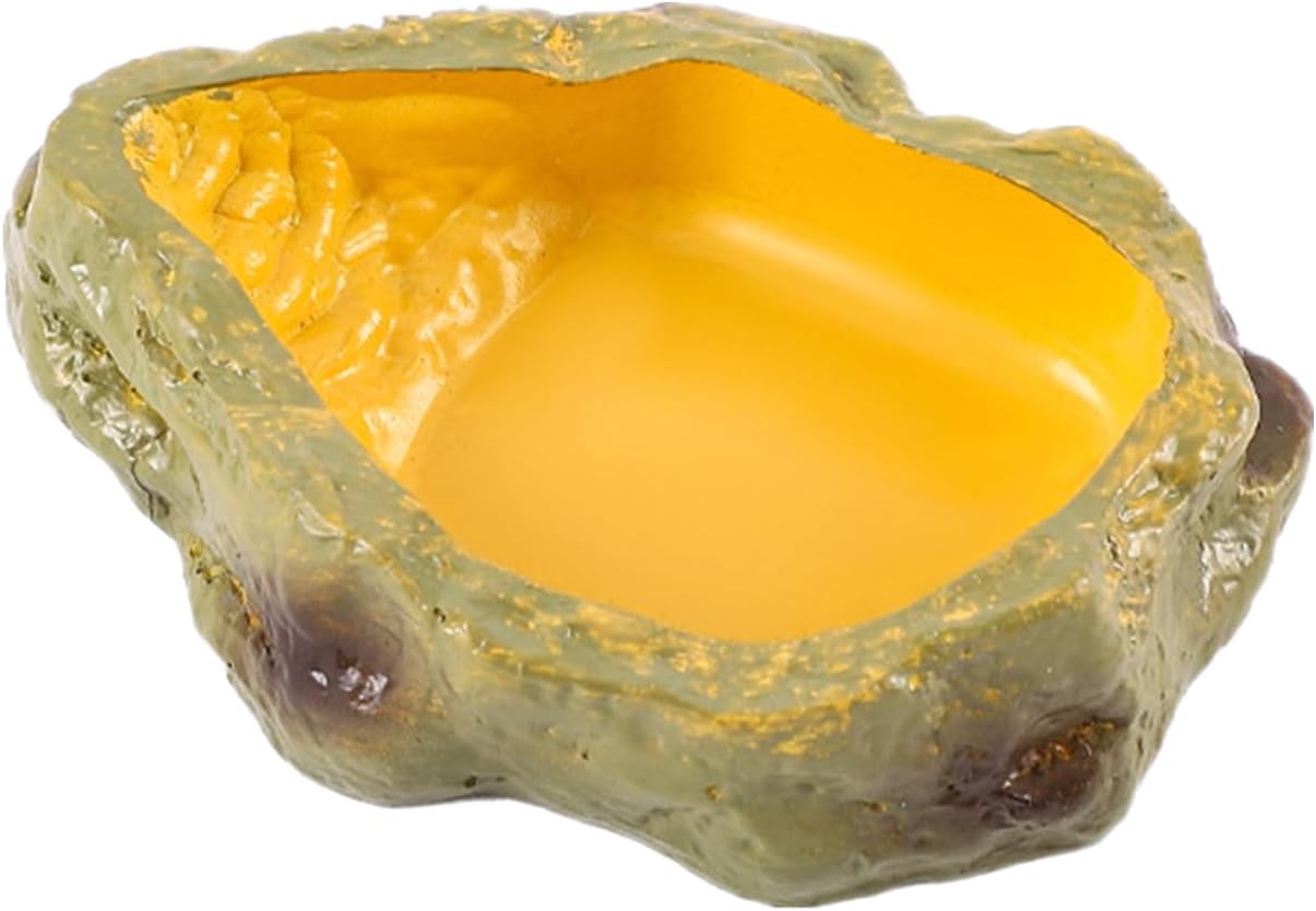 Reptile Water Dish, Resin Reptile Food Bowl Amphibian Feeding Dish Terrarium Decor for Bearded Dragon Lizard Leopard Gecko Snake Hermit Crab Turtle Reptile Tank Accessories (Small, Yellow)