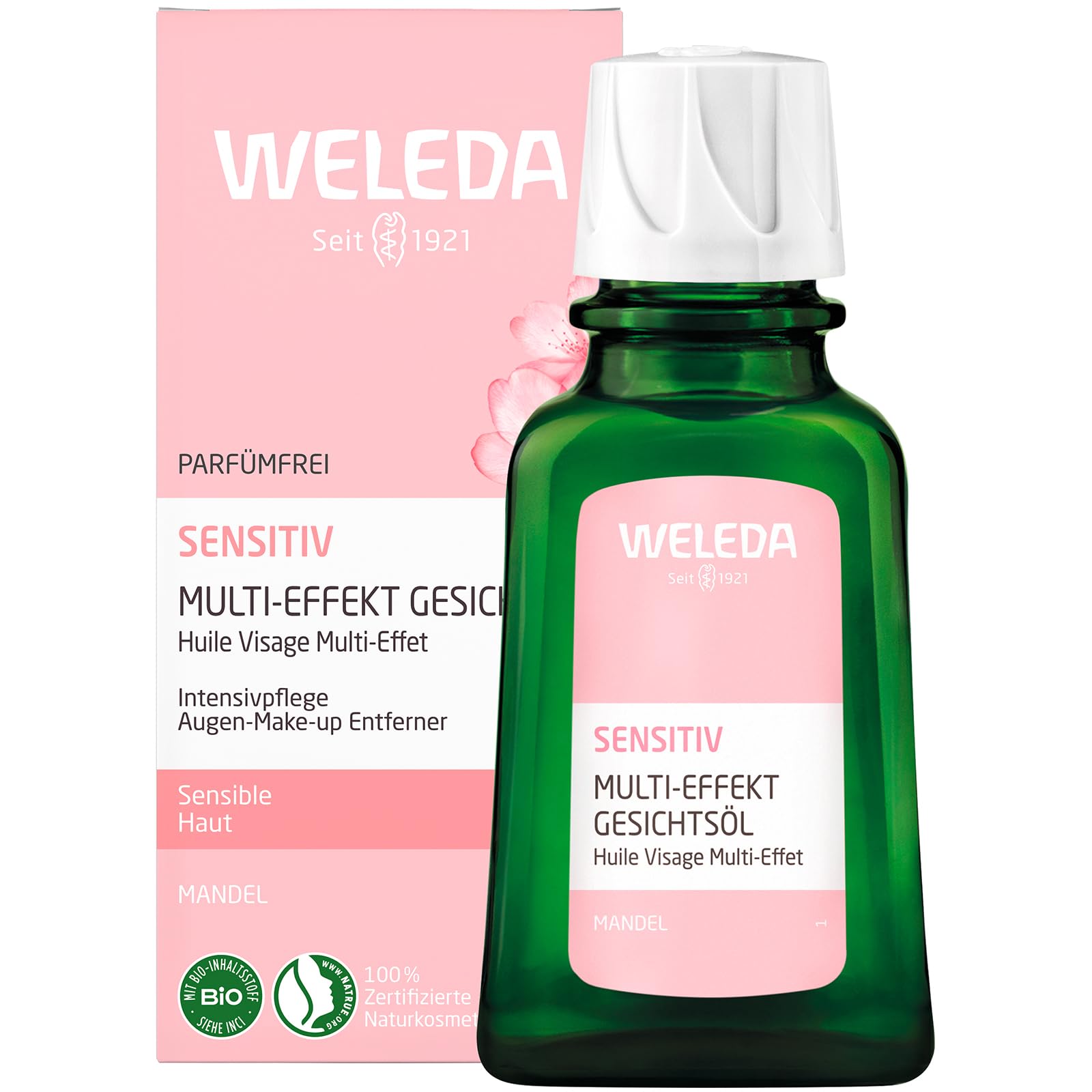 WELEDA Bio Mandel Sensitiv Gesichtsöl, intensives Naturkosmetik Bio Pflegeöl gegen unreine Haut, Hautirritationen und zur Make-up Entfernung, für Neurodermitiker geeignet (1 x 50 ml)