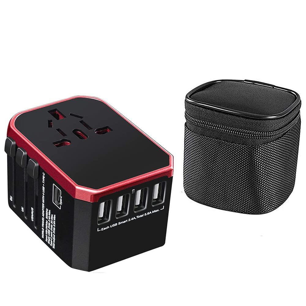 Universal Travel Adapter All In One with 4 Ultra-Fast USB Port and 1 Ultra-Fast USB Type C Port and Power Socket International Plugs UK EU US AU Auto Switch.with Storage Bag (Red 1)