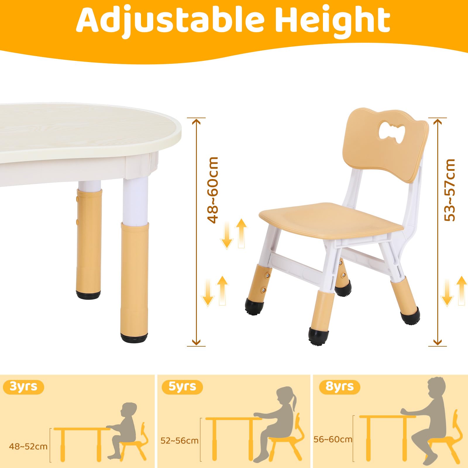 Clevich Kindertisch mit 2 Stühlen, Kinder Tisch Stuhl Set Höhenverstellbar, Multifunktionaler Kindersitzgruppe, Maltisch für Klassenzimmer Kindergärten Kindertisch und Stuhlset für Essen Spielen Gelb