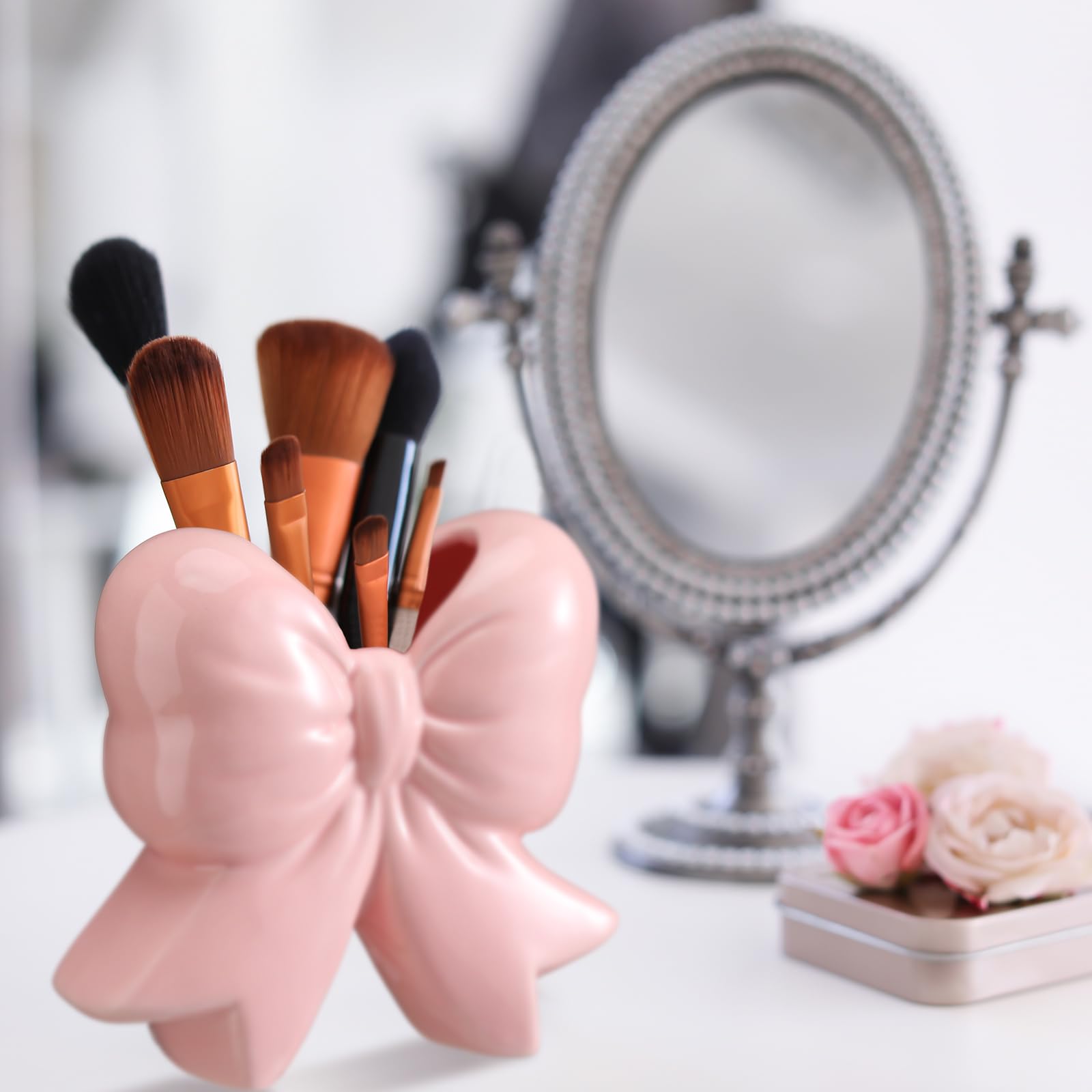 Jarrón de cerámica con lazo rosa, pequeño jarrón de coqueta, soporte para brochas de maquillaje, diseño contemporáneo, decorativo, regalo para mujer, para el hogar, oficina, estante, mesa 5