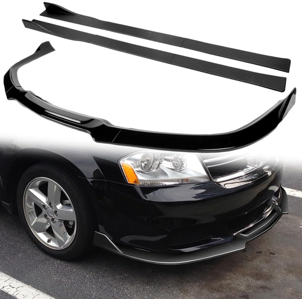 Q1-TECH, 9PCS Front Bumper Lip & Side Skirt Extensions Diffuser Compatible with 2011-2014 Dodge Avenger, Front Bumper Lip Spoiler Air Chin Body Splitter ABS (Painted Black)