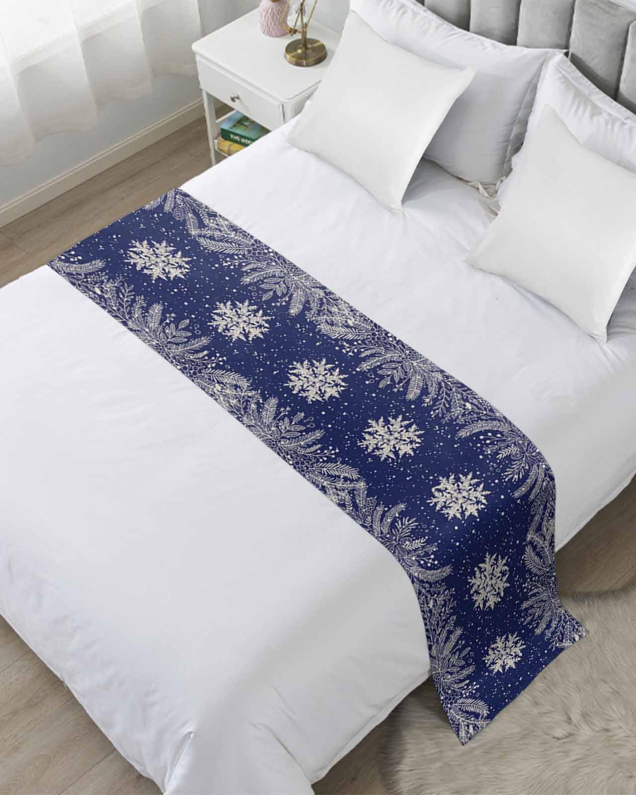 Navy Blue Christmas Bed Runners for Queen Size Bed, Winter Snowflake Decorative Bed Throws for Foot of Bed, Xmas Botanical Bed Runner Sofa Throw