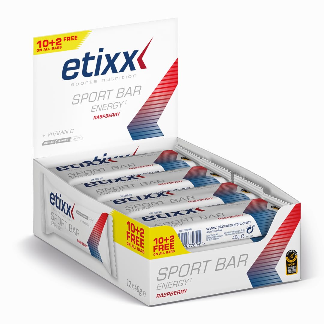 Etixx Energy Sport Bar - Saveur Framboise, 12 x 40g - Barre Énergétique pour Apport Rapide en Glucides, Idéale pour Sports d'Endurance