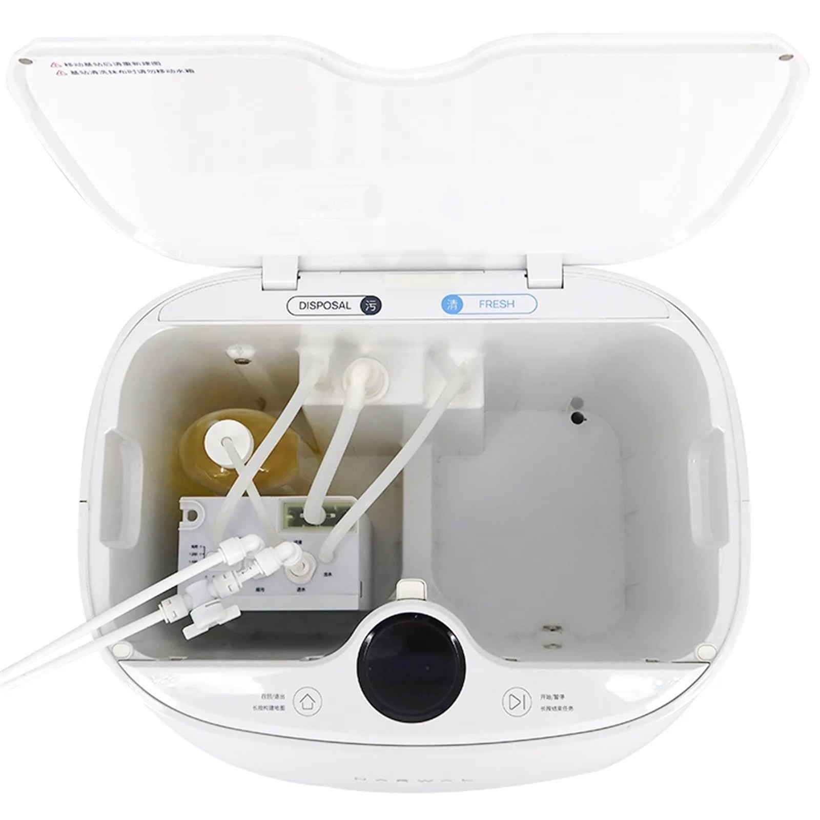 Robot vacuum with the water change kit installed in its base station