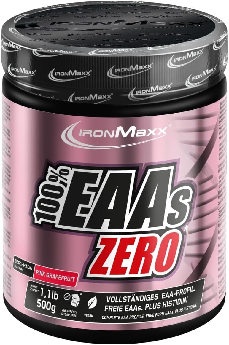 IronMaxx 100% EAAs Zero - Pink Grapefruit 500g Dose | EAA-Pulver,Vegan Und Zuckerfrei Mit Allen 8 Essentiellen Aminosäuren | Fruchtiger Geschmack, Frei Von Konservierungsstoffen