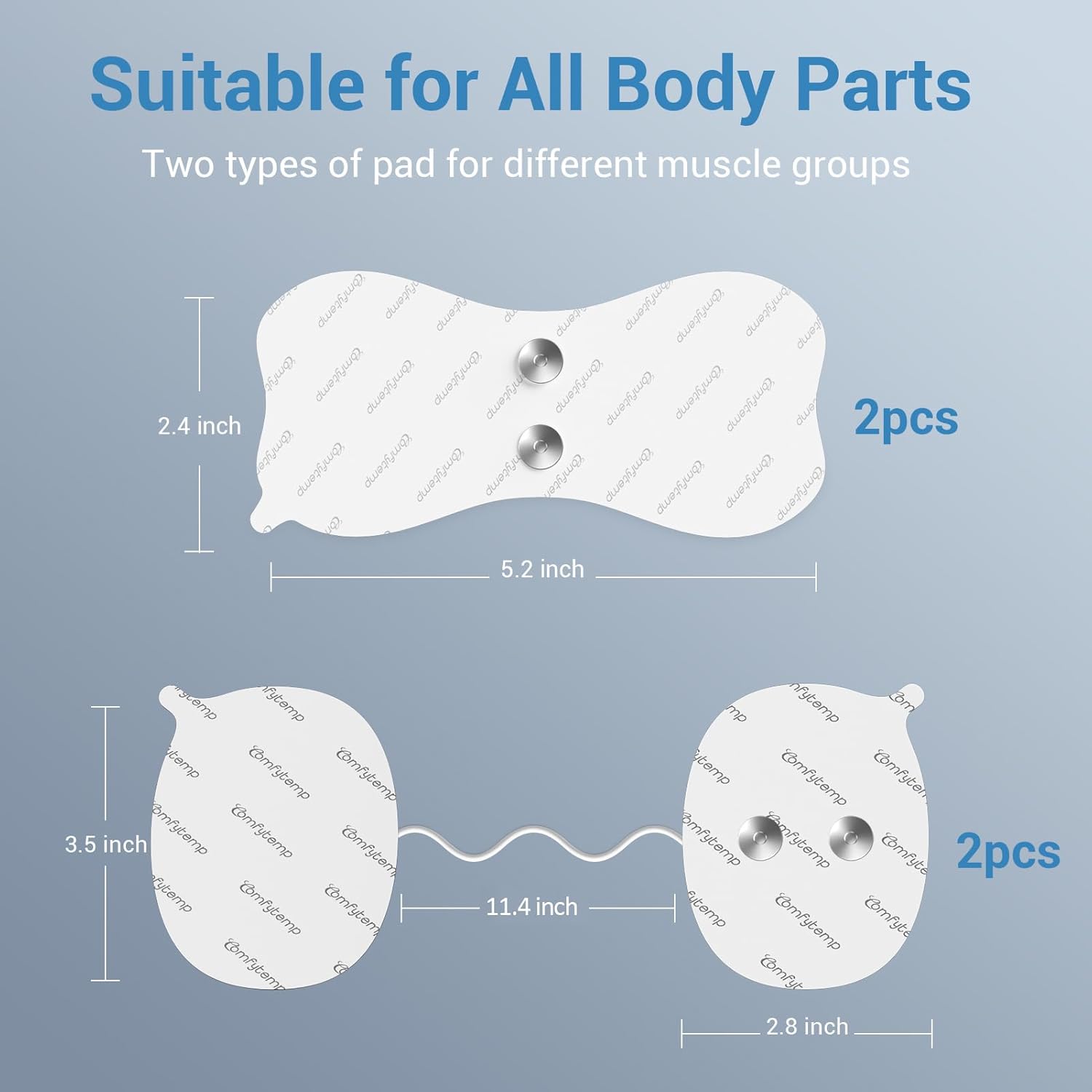 Diagram showing the dimensions of the two types of Comfytemp TENS pads: butterfly shape (5.2 x 2.4 inches) and connected circular (3.5 x 2.8 inches, with 11.4 inch wire).