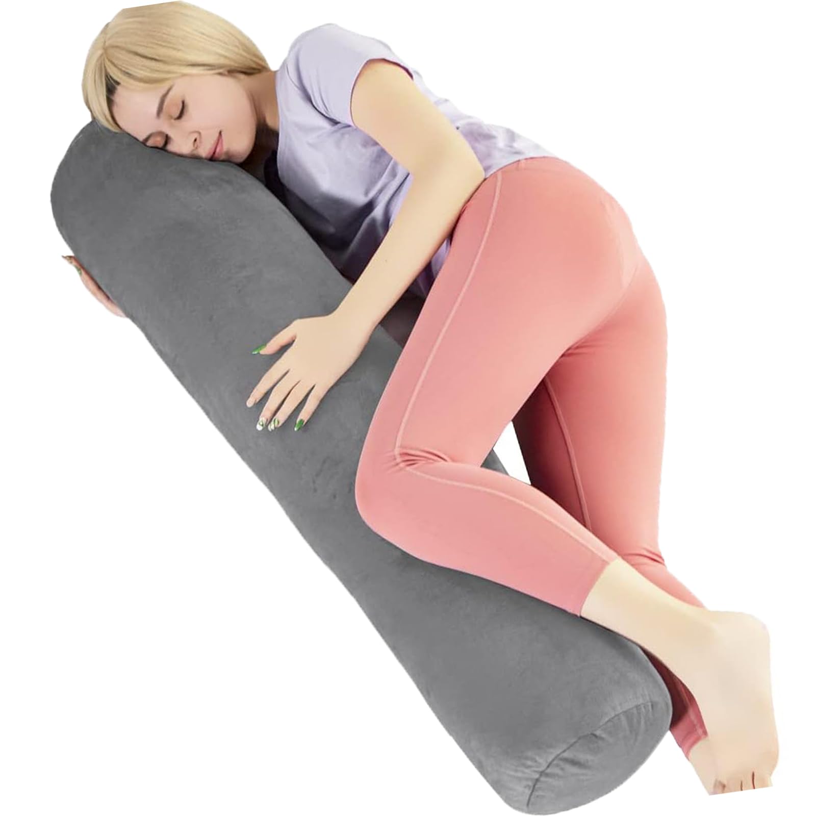 body pillow for adults, bolster pillow with removable velvet cover, long round pillow for bed, 60 x 7.87 inches, grey