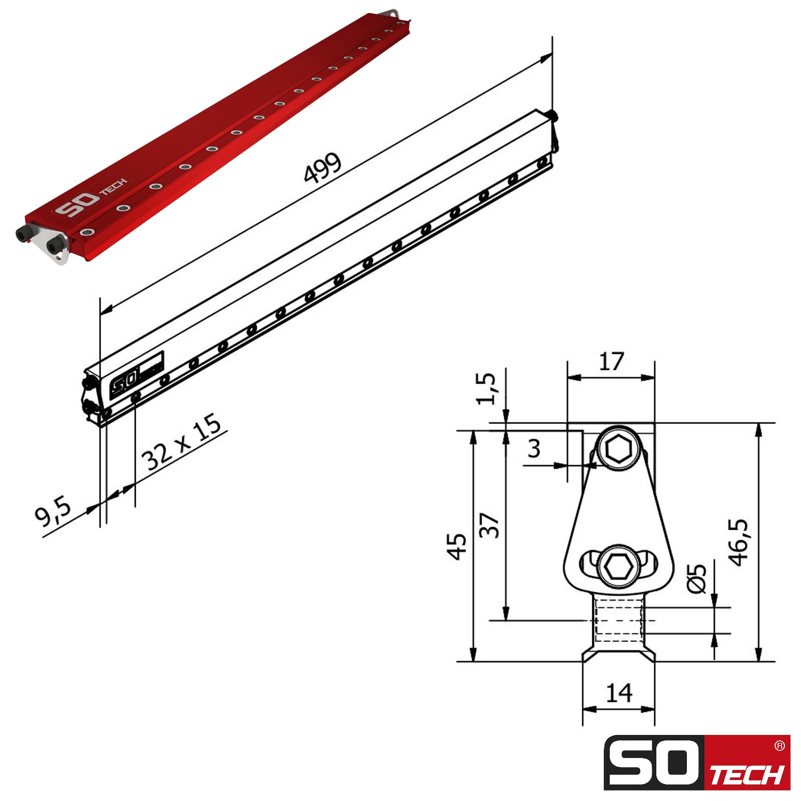 SOTECH Plantilla de taladrado de precisión de aluminio BS-32-500 (499 x 46,5 x 17 mm) para filas de agujeros con una separación de 32 mm Soportes de estanterías Placas de montaje