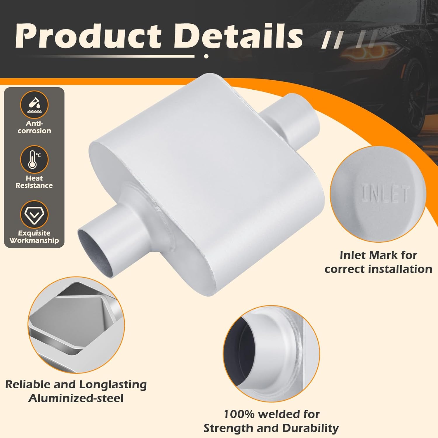 A-KARCK Single Chamber Muffler 2.5" Center Inlet 2.5" Center Outlet, 13" Overall Length Aluminized Steel Aggressive Sound Race Muffler (2 Pcs)