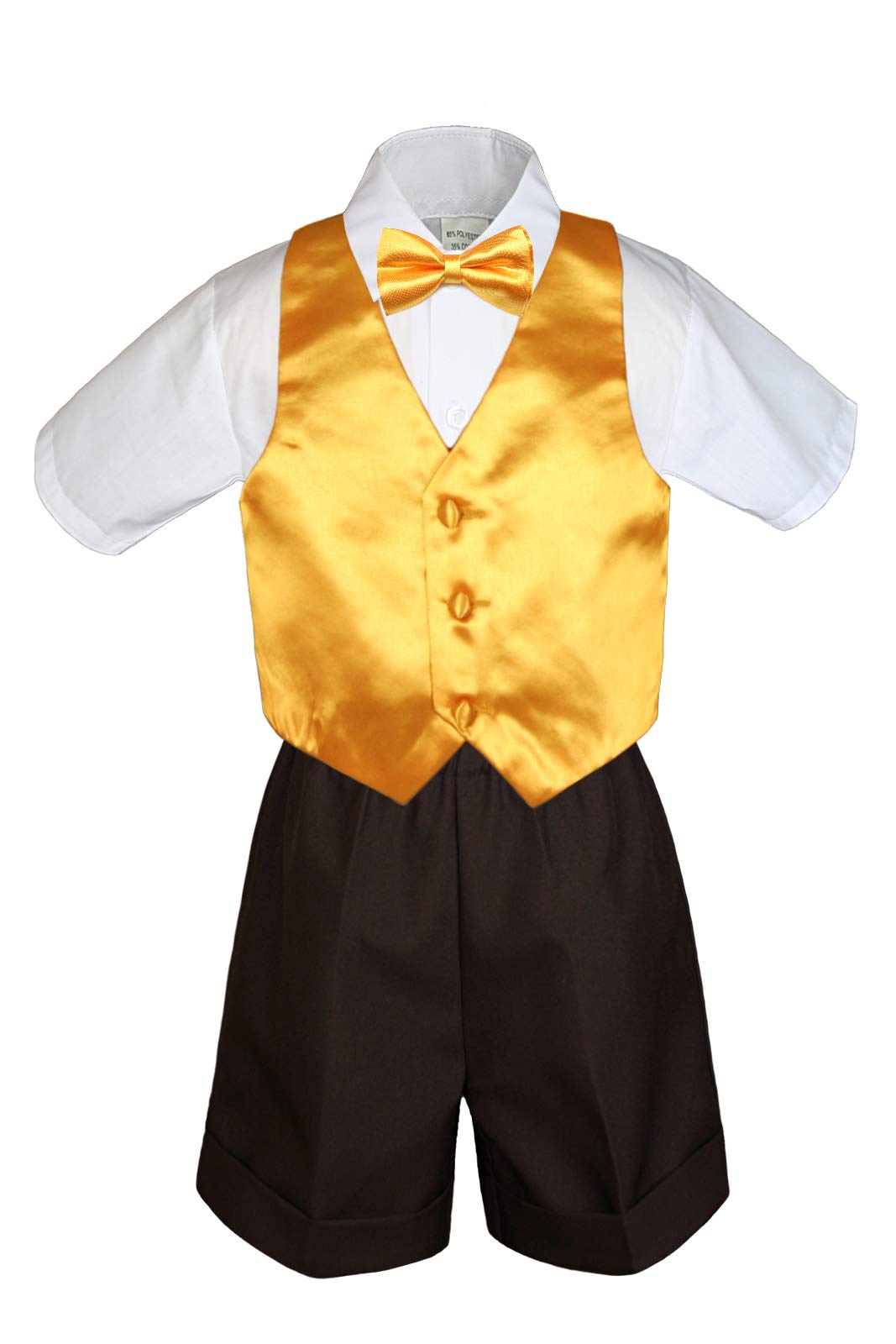 MILLTEX 4 Pieces Set Formal Party Wedding Color Satin Vest & Bow tie Shirt Brown Shorts Set New Born Baby Boy Toddler Sm-4T (SM (0-6 Months Old), Yellow)
