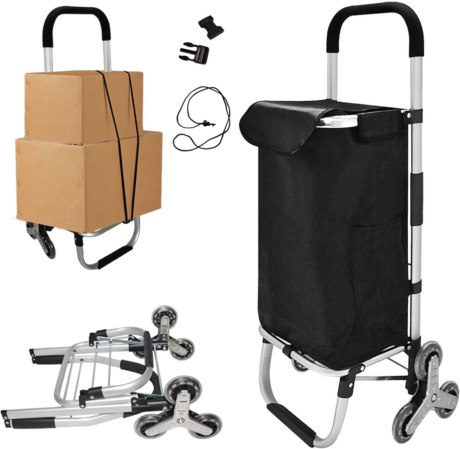 Carro de la compra plegable 3 en 1, carro de la compra para escalera, carrito de compras plegable con bolsa de lona impermeable extraíble y ruedas para escalera, carrito multiusos portátil