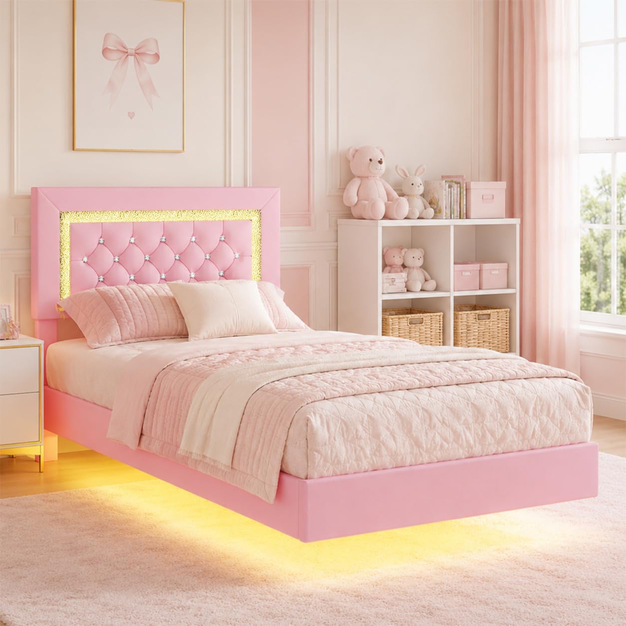 Photo 1 of BarnFurin Floating Bed Frame Twin with LED Lights, Upholstered Bed Frame with Diamond Headboard, No Box Spring Needed, Noise Free, Easy Assembly, Pink