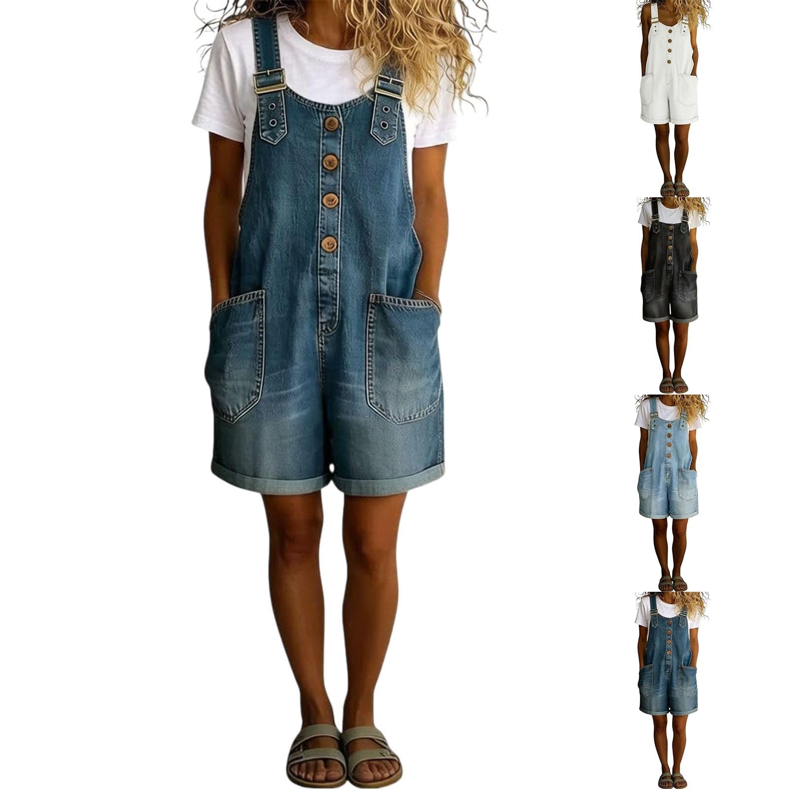 BUKKNYE Womens Denim Dungarees Adjustable Straps Sleeveless Casual Shorts Overalls Bib Jean Dungarees Loose-Fit Washed Distressed Retro Playsuits with Pockets