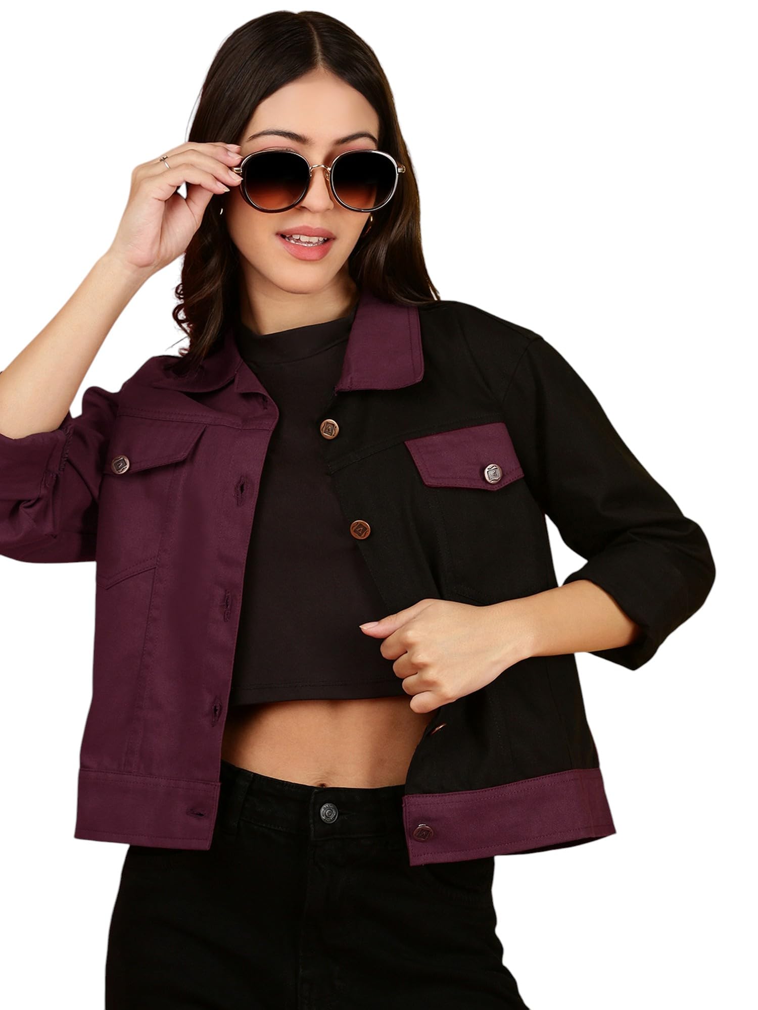 kaali peeli Two-Tone Denim Jacket, Cropped Style, Button Front with Chest Pockets-picture-47