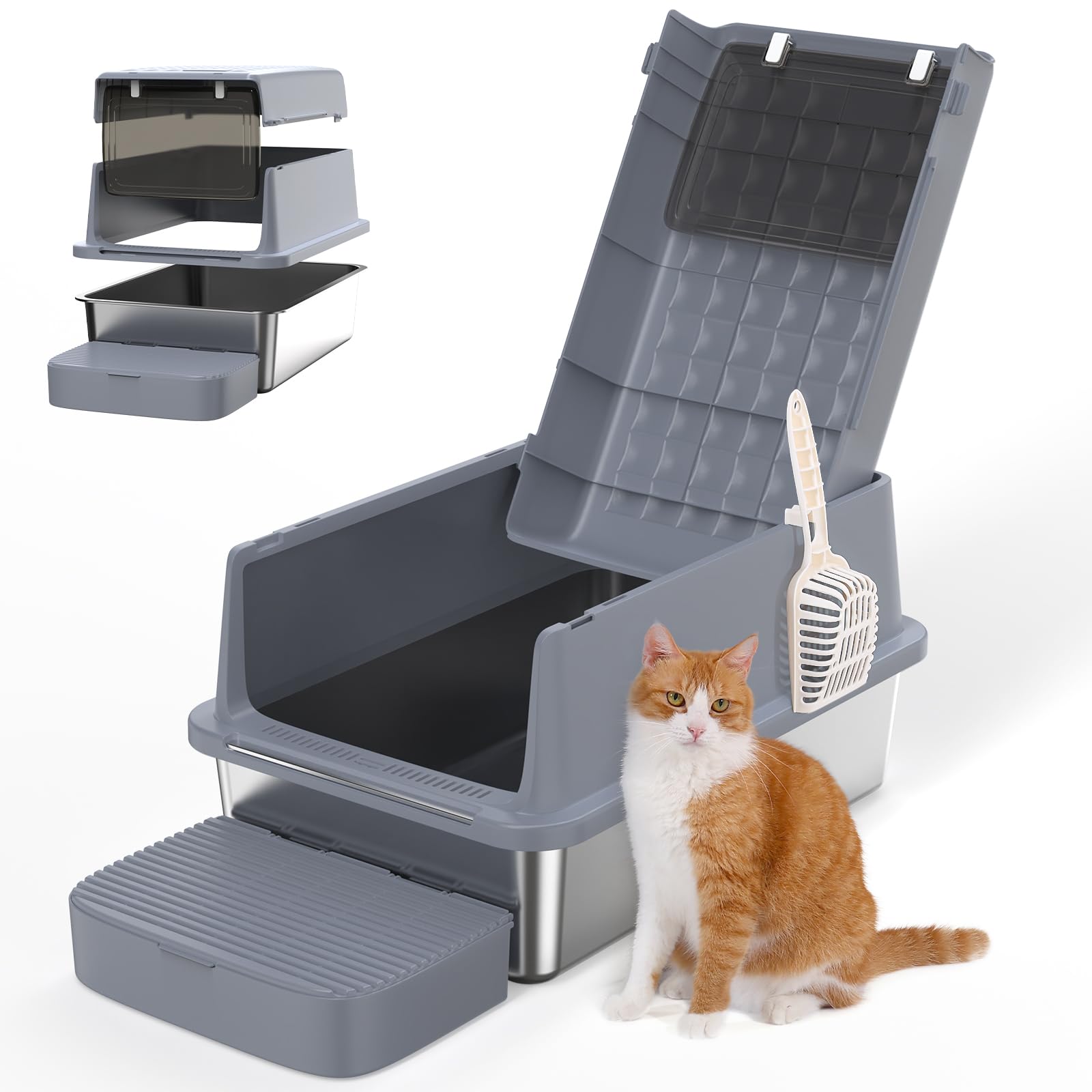 Rywell Arenero Gato Acero Inoxidable XXL, Tapa 120° para una Limpieza Fácil, Caja de Arena Cubierto, 3 en 1 Arenero Gato Bordes Altos con Pala