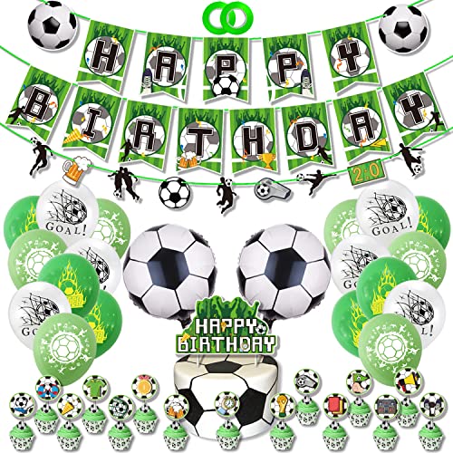 Ouiifan フットボール風船飾り付けセット お誕生日風船 サッカーテーマバルーン アルミフィルムバルーン HAPPY BIRTHDAY バナー パーティー飾り リボン付き 緑部屋飾りセット 12インチ風船 男の子好きな運動テーマ風船