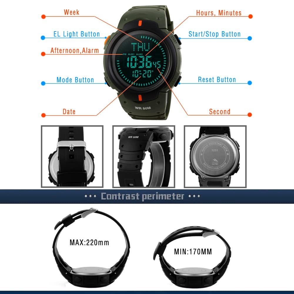 Multifuncional Deportivo Digitales LED Electrónica Brújula Relojes de Pulsera de Hombre 50M Impermeable Alarma Doble Tiempo Outdoor Militar Tácticas Plástico Reloj