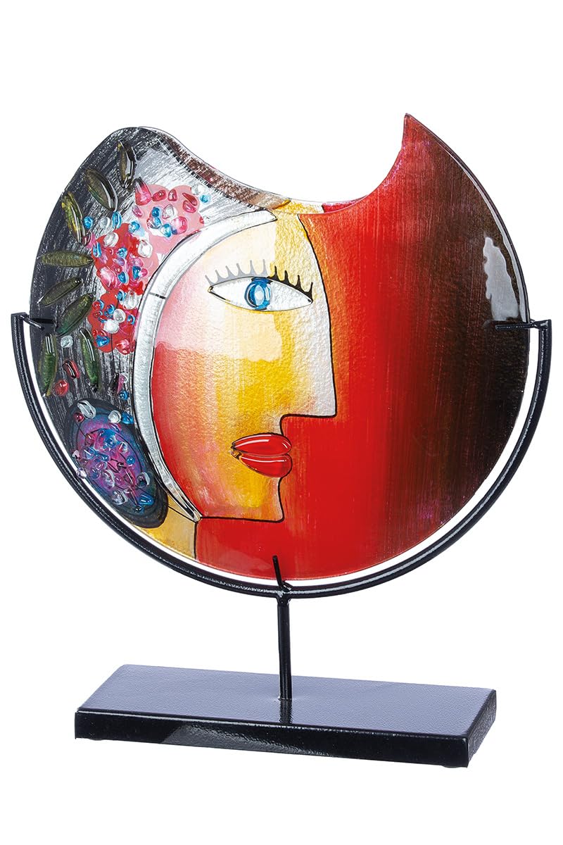 GILDE GLAS art Deko Vase Gesichtsvase - handbemalte Glasvase mit Metall Ständer - Dekoration Wohnzimmer Höhe 38 cm mehfarbig