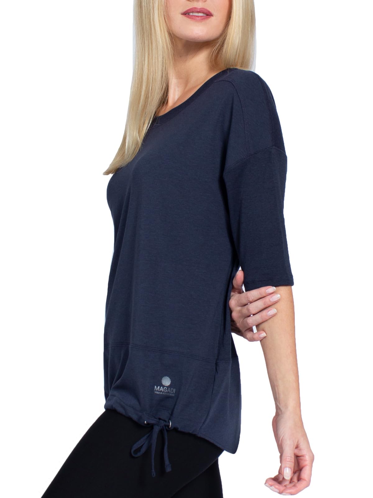 Magadi Maglietta da yoga Sara Aqua da donna in cotone biologico, da donna, top sportivo per yoga, pilates, palestra, sostenibile ed equo, blu navy, XS - XL