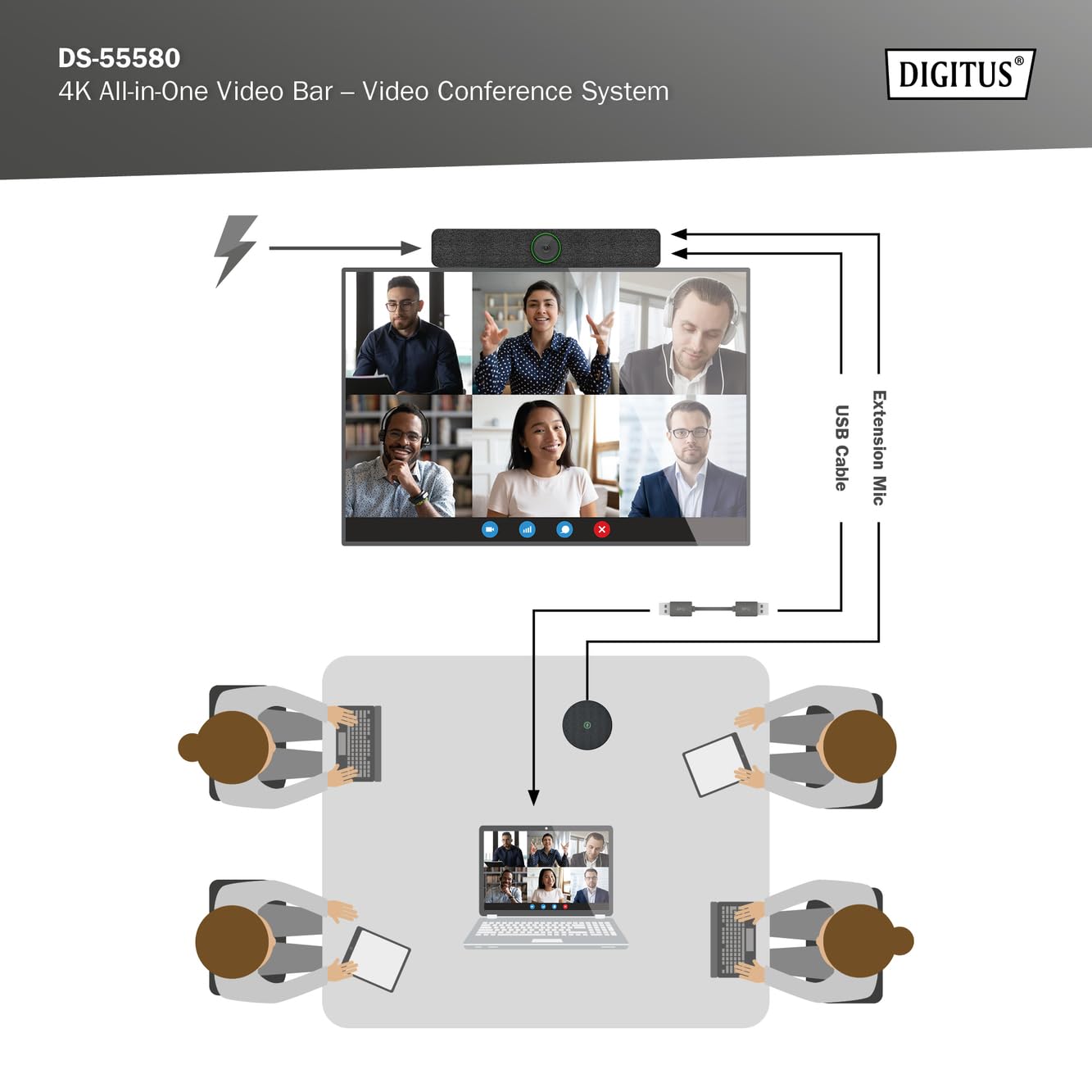 DIGITUS DS-55580 Video Bar Pro, system wideokonferencyjny - kamera internetowa 4K UHD 30 Hz ePTZ - 1 mikrofon biurkowy i 4 mikrofony wewnętrzne - głośniki - automatyczna regulacja ostrości i zoomu