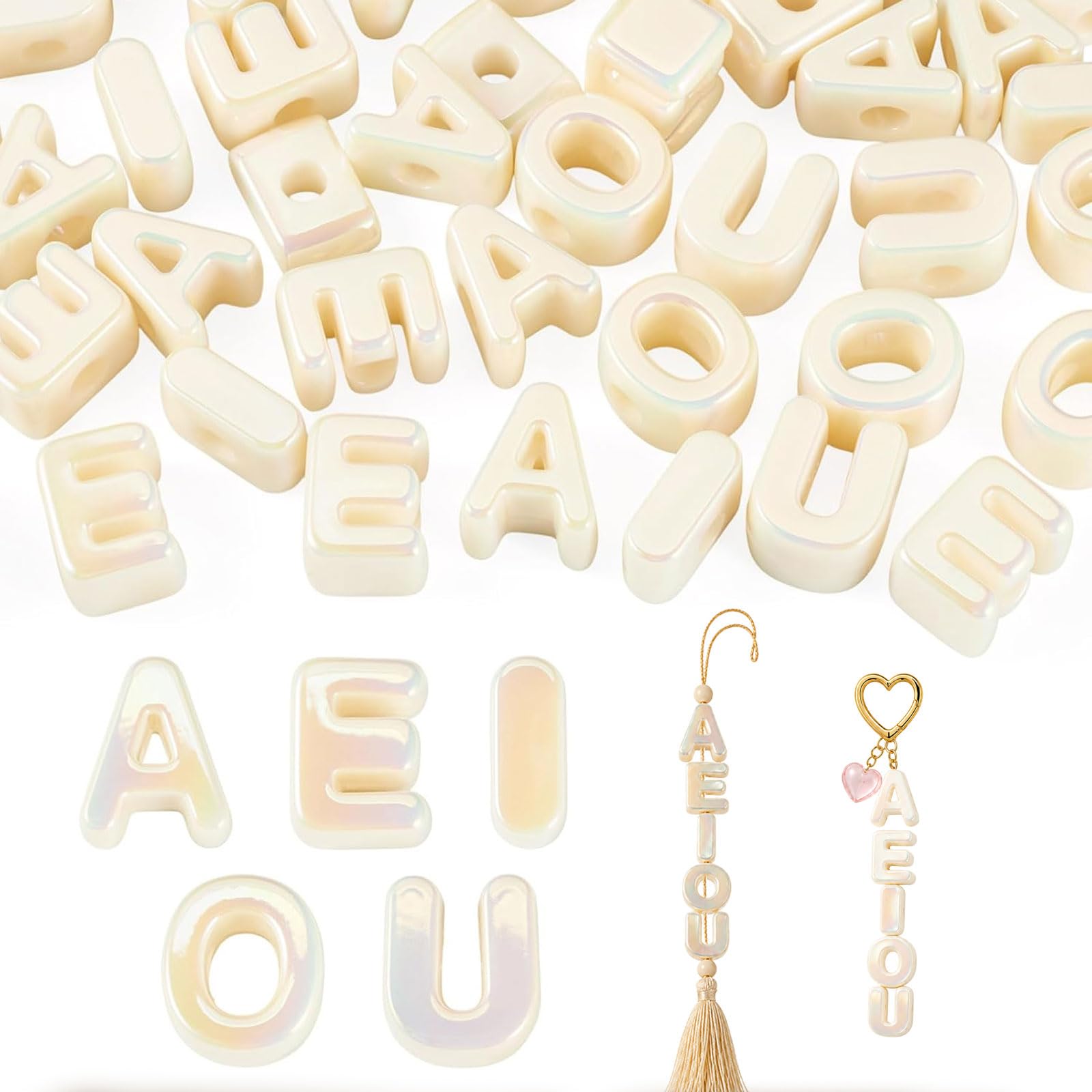 Pitigihe 50 large vowel letter beads, large-hole acrylic beads, beige