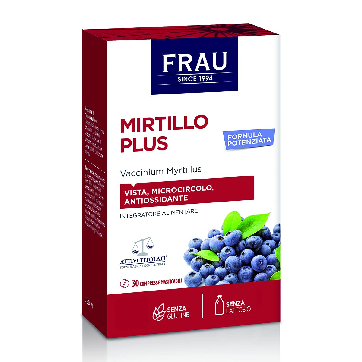 FRAU Mirtillo Plus, Integratore Microcircolo A Base Di Estratto Secco Di Mirtillo Nero, 4 Confezioni x 30 Compresse Masticabili, Gambe Pesanti E Benessere Della Vista, Senza Glutine