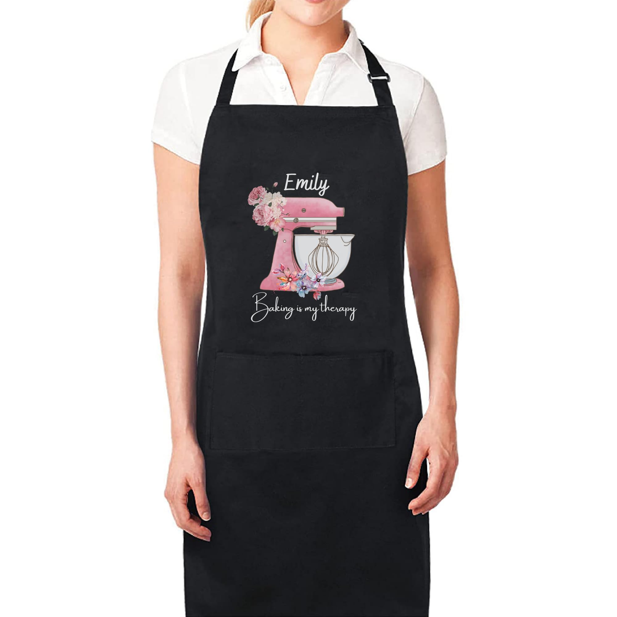 Be Buz Baking Is My Therapy Personalised Baking Apron with Pink Watercolor Flowers Custom Baking Apron with Adjustable Straps and Two Pockets Gift for Him Her Aprons for Women Mother Day Gift