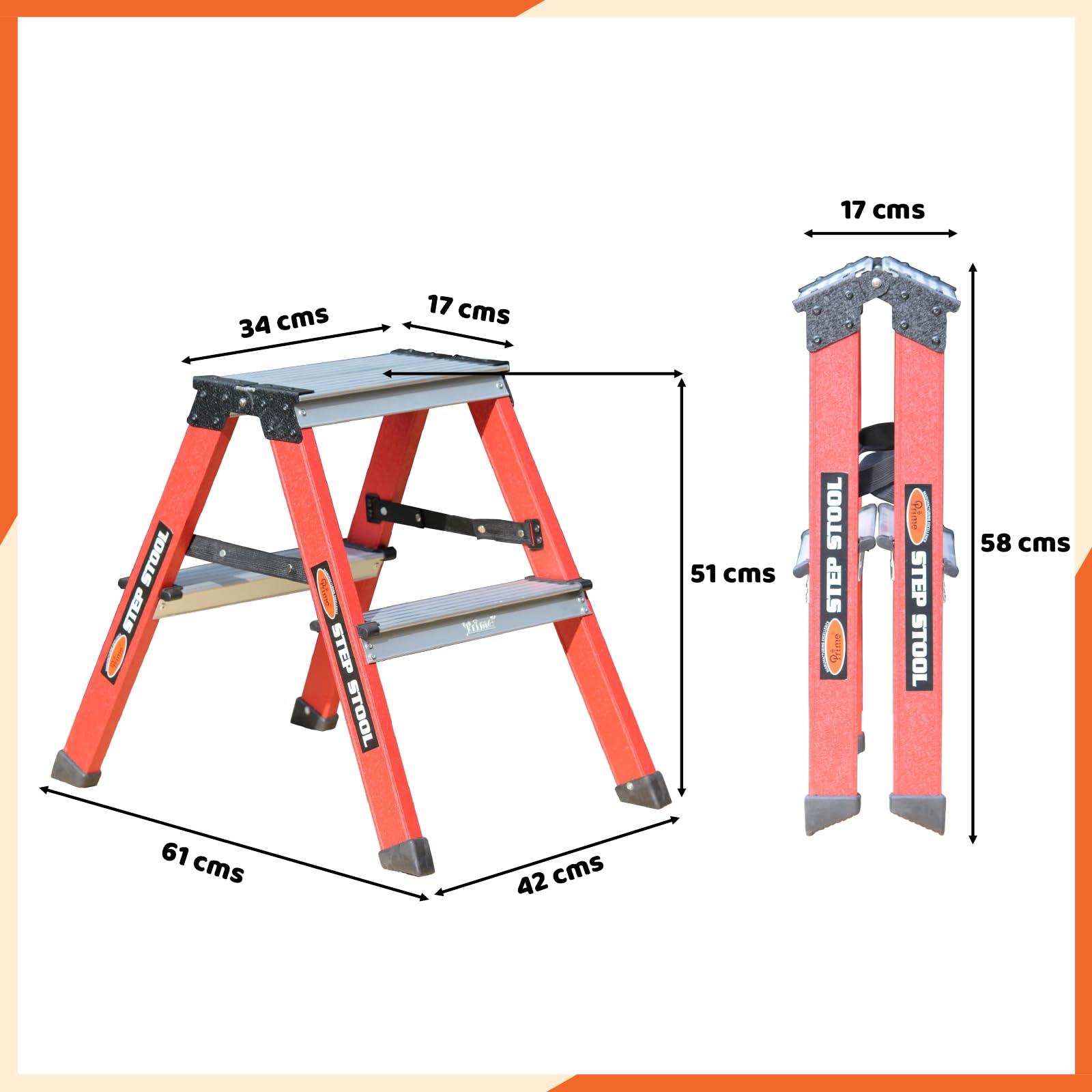 Prime 2steps Alligator Pattern Powder-Coated Finish Foldable Aluminium Twin Step Stool Ladder for Home & Office Use | Made in India | 5 Years Warranty | Anti-Skid Serrated Steps (Ruby Red) 1