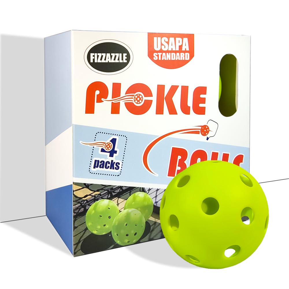 Fizzazzle Indoor Pickleball Balls - 4 Pack 26 Holes - USAPA Standard Pickleball Balls - Pickleball Accessories Set - High Resilience Pickle Balls
