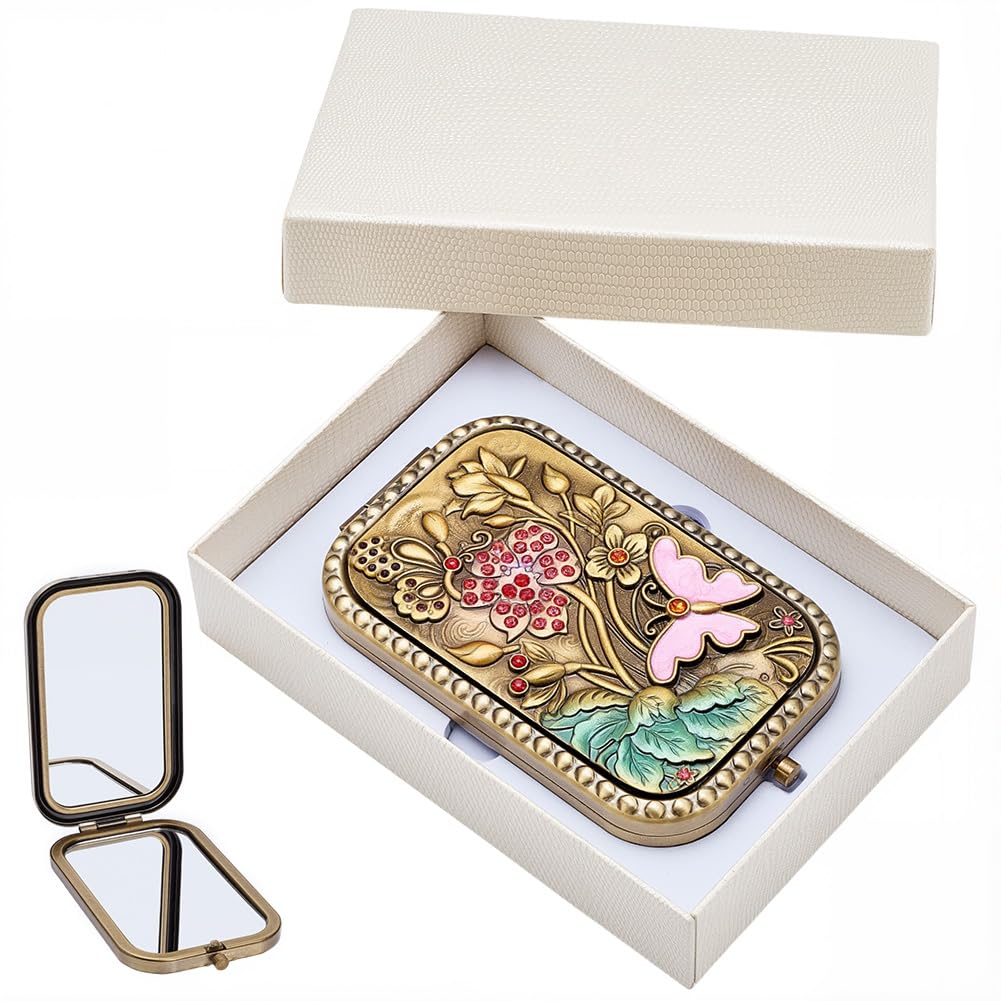 SOFPLATE Vintage Foldable Compact Makeup Mirror Pocket Makeup Mirror with Normal and Magnifying Glass Double Sided Butterfly Rose Pocket Retro Vanity Flower Pattern Mini Vanity for Women Travel Gifts โ image 1