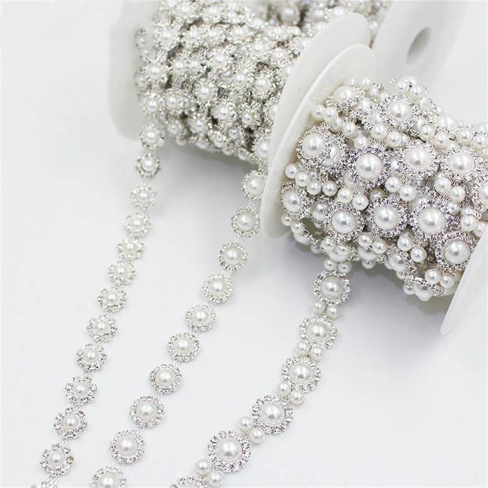 Generic 1/5Yards Pearl Round Drill Silver Metal Crystal Webbing Rhinestone Trim for Clothing Shoes Bag 03 5 Yards