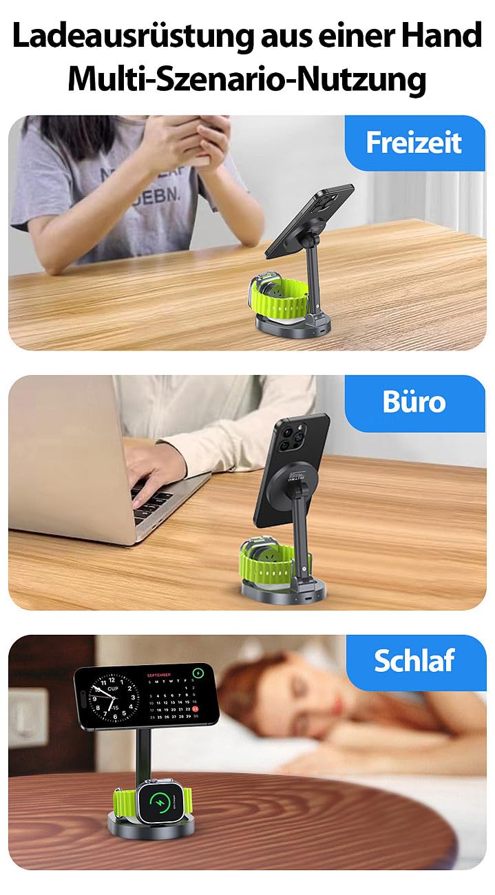 Callstel iPhone Schnellladegerät: 4er-Set 3in1-MagSafe-Ladestationen für iPhone, Apple Watch und AirPods (MagSafe Charger Stand, Dockstations)
