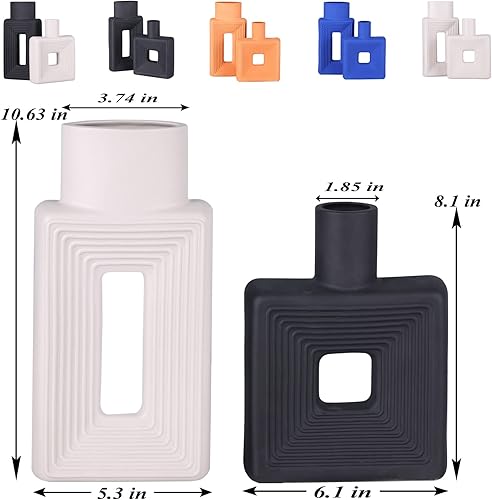 Miniatura 2 de Juego de 2 jarrones de cerámica mate, cuadrados con agujeros acanalados para decoración rústica del hogar, jarrones decorativos cuadrados para
