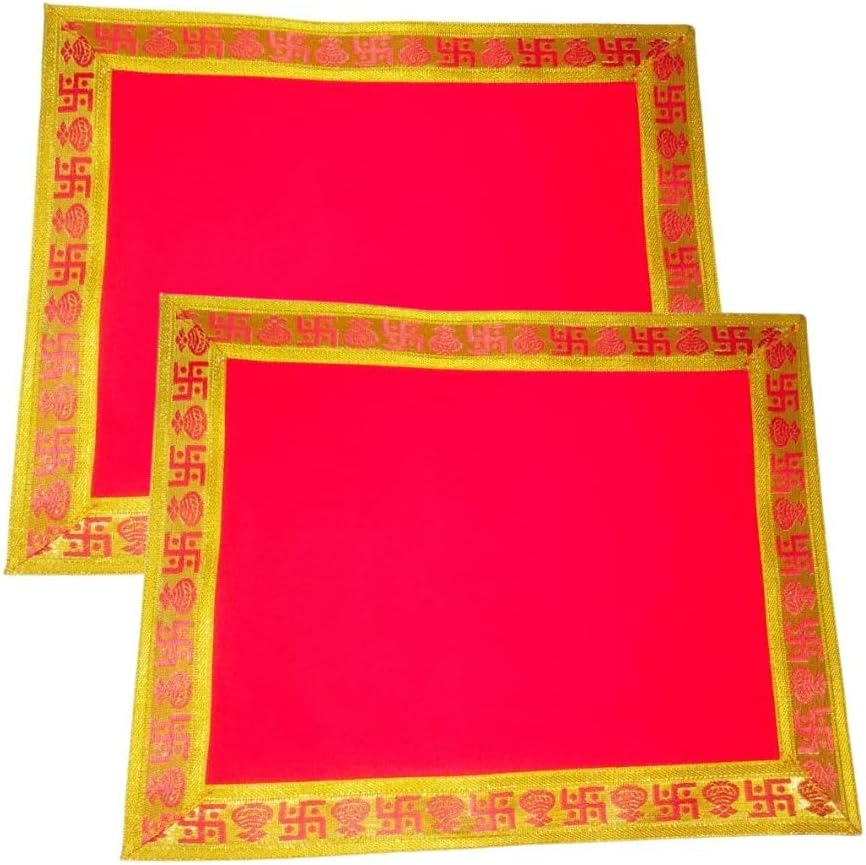 Divine Sansar Pooja Aasan Cloth | Puja Cloth | Chowki Aasan Kapda | Altar Cloth | Plain Red Velvet with Golden Border | Pooja Mandir/Temple | Plain Red Velvet | 45cmx 45cm | Pack of 2