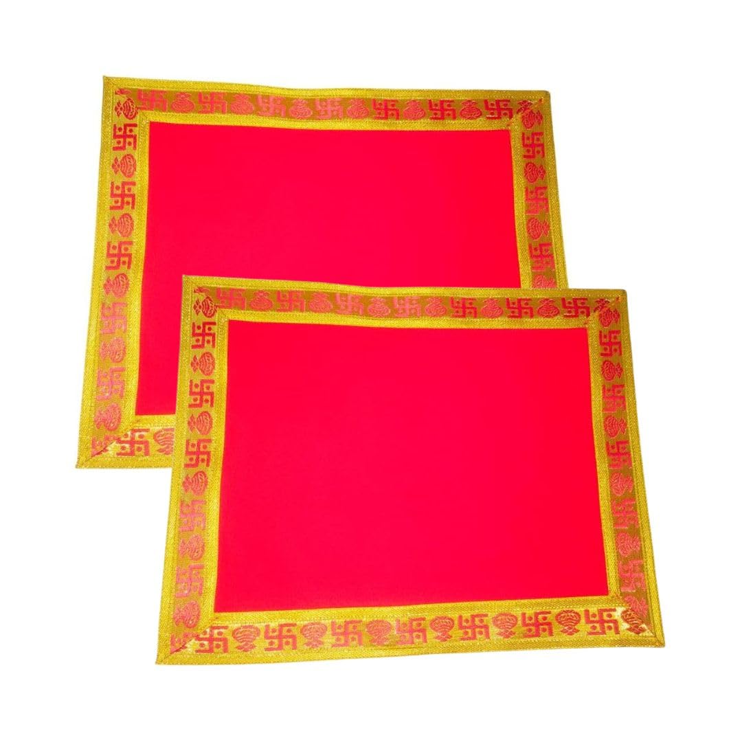 Divine Sansar Pooja Aasan Cloth | Puja Cloth | Chowki Aasan Kapda | Altar Cloth | Plain Red Velvet with Golden Border | Pooja Mandir/Temple | Plain Red Velvet | 45cmx 45cm | Pack of 2