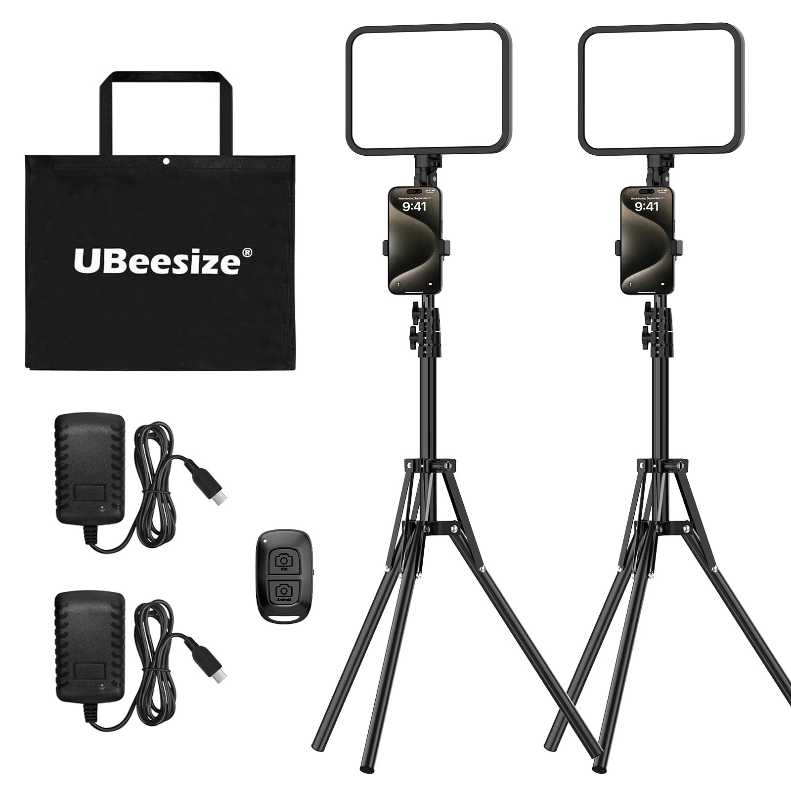 UBeesize 2-Pack LED Video Light Kit, 3000-6500K Dimmable Photography Studio Lights with Tripod Stand &amp; Phone Holder, Video Recording &amp; Streaming Lighting for Makeup, Gaming, YouTube(12-in