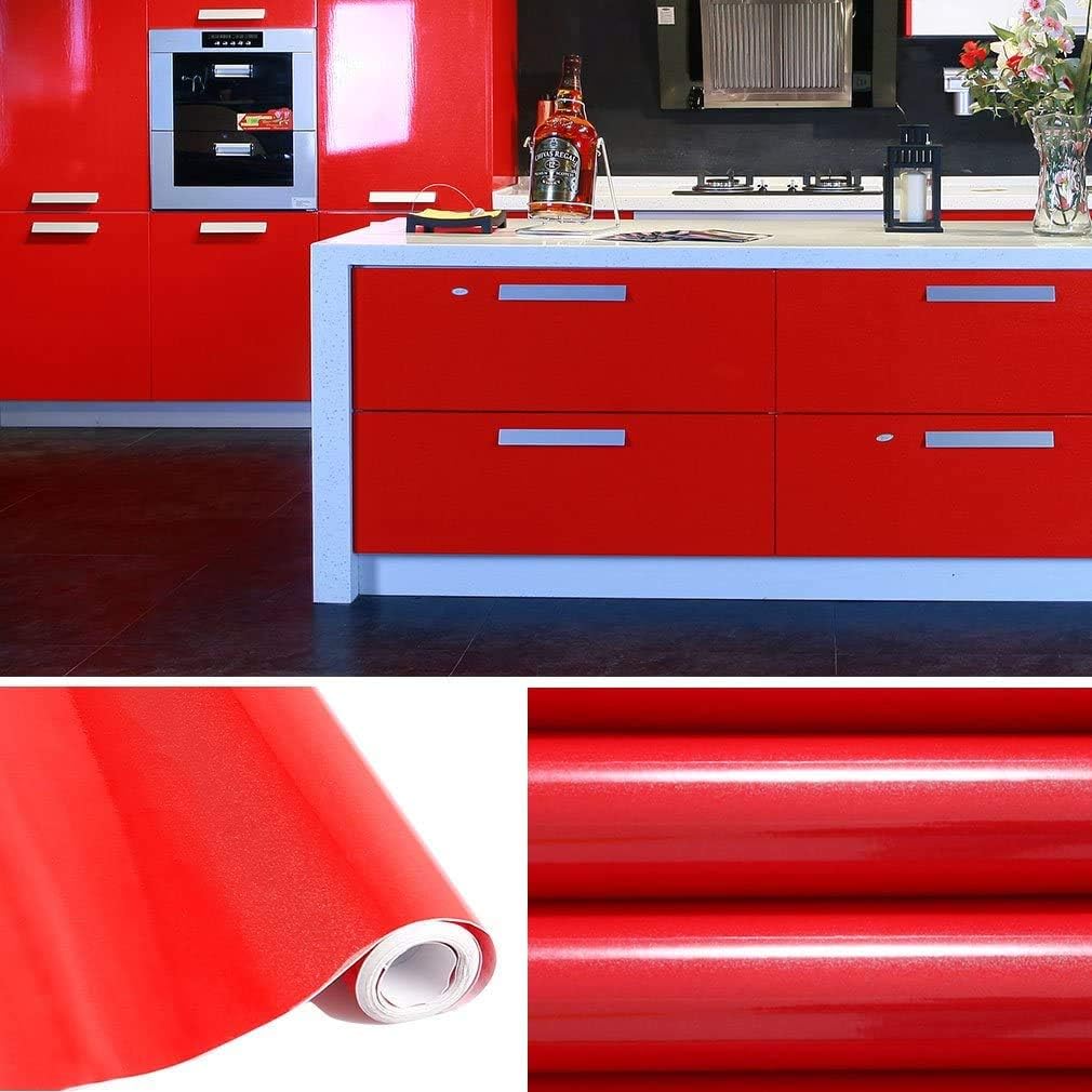 More Rolls of High Quality Adhesive Wallpaper for Kitchen Polyvinyl Chloride (PVC) Stick without Assistance, Furniture/Kitchen/Bathroom 0.61 x 5 m Sticky Wall Paper Sheets for Garrison/Cabinet Door, Black 1 pieza red