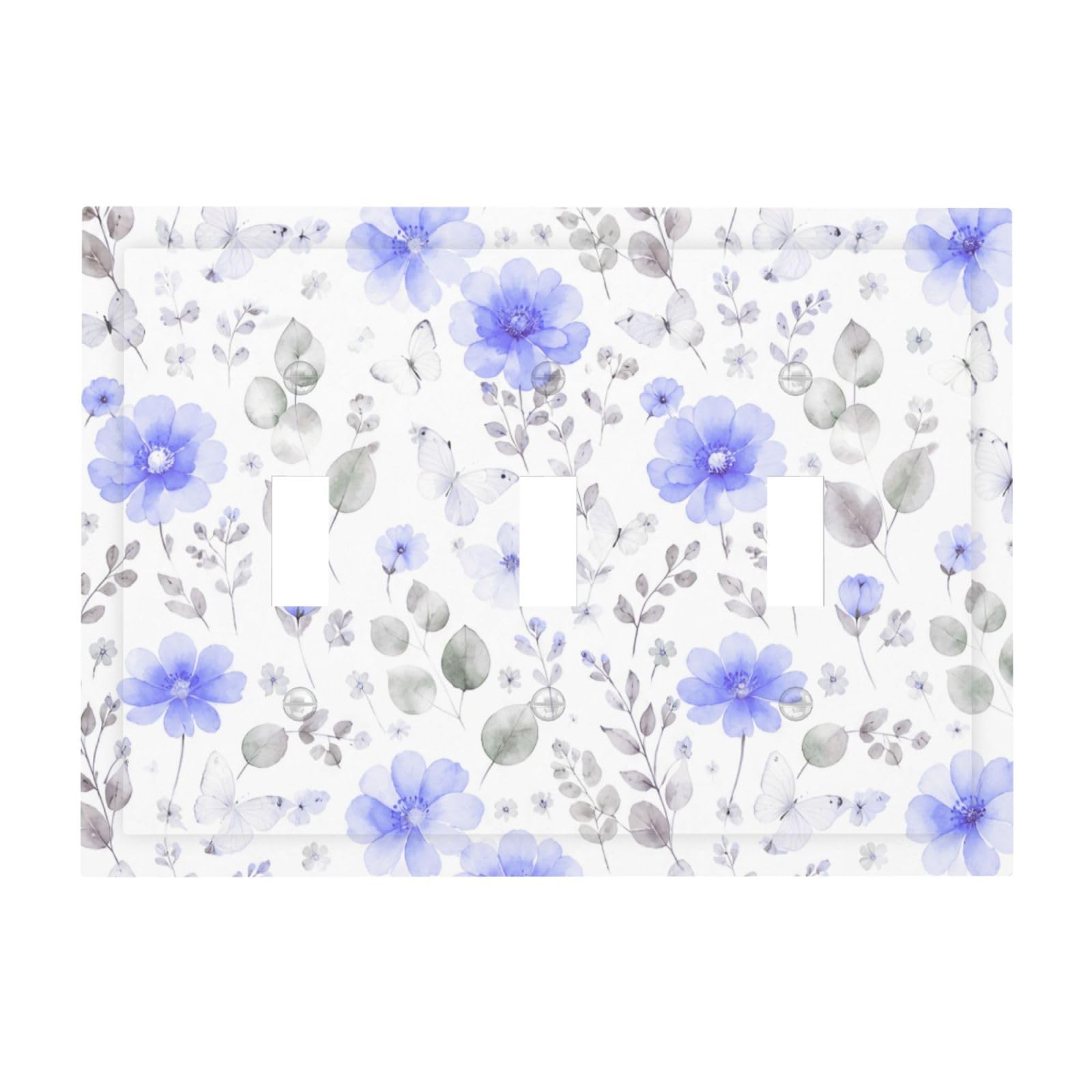 DWBGUO Decorative Light Switch Cover Plate Watercolor Blue Floral Butterfly 3 Gang Wall Plates for Electrical Outlets Triple Toggle Switch Plate Covers Outlet Covers Faceplate for Home Bedroom Decor