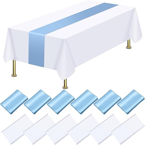 Miniatura 9 de Juego de 12 manteles de plástico desechables y camino de mesa de satén, manteles de 54 x 108 pulgadas, manteles blancos de 12 x 108 pulgadas, rosa