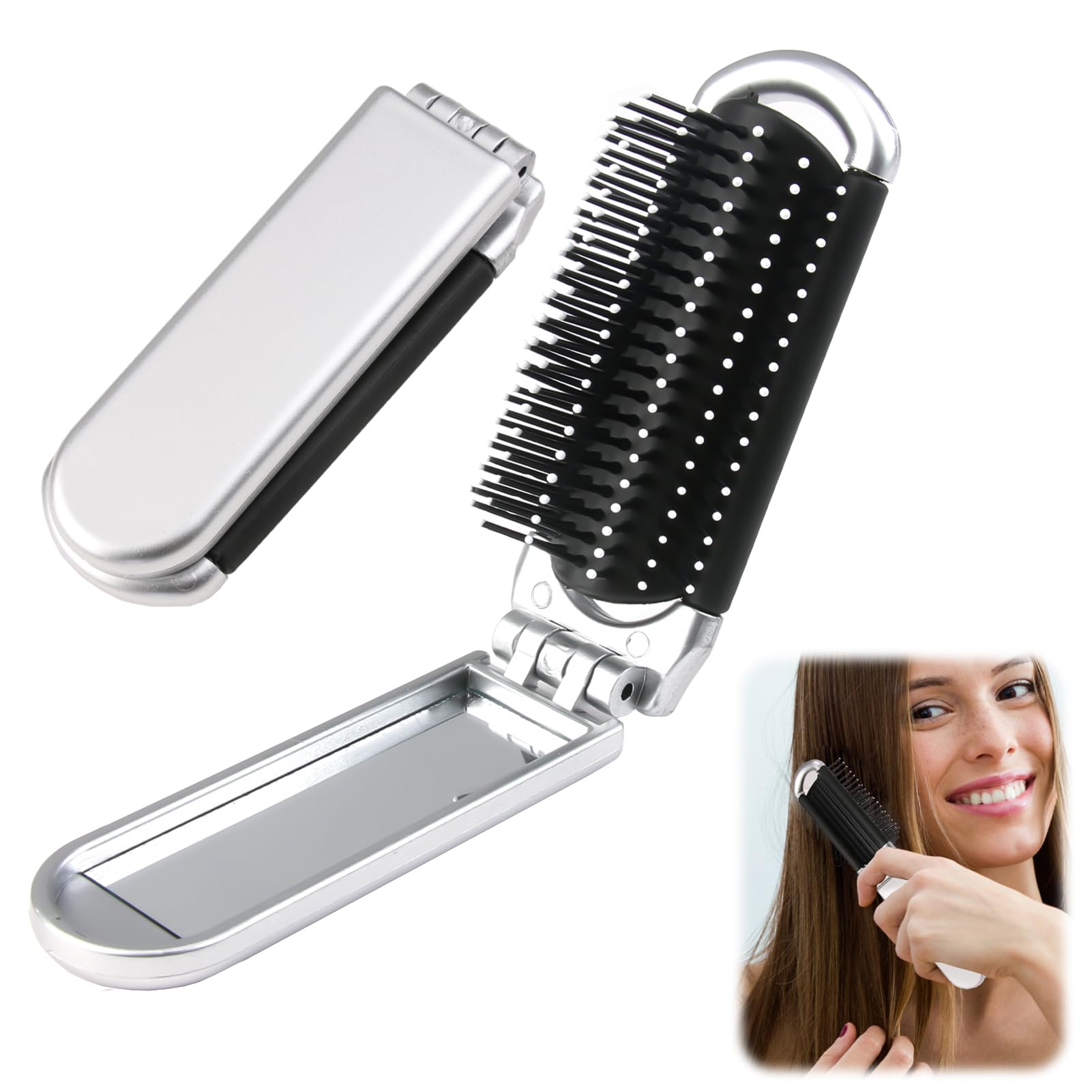 Cepillo de pelo de viaje con espejo plegable, accesorio de peluquería compacto para gimnasio, viajes, bolso de mano, cepillo de pelo delicado para mujer con función de masaje y espejo extraíble