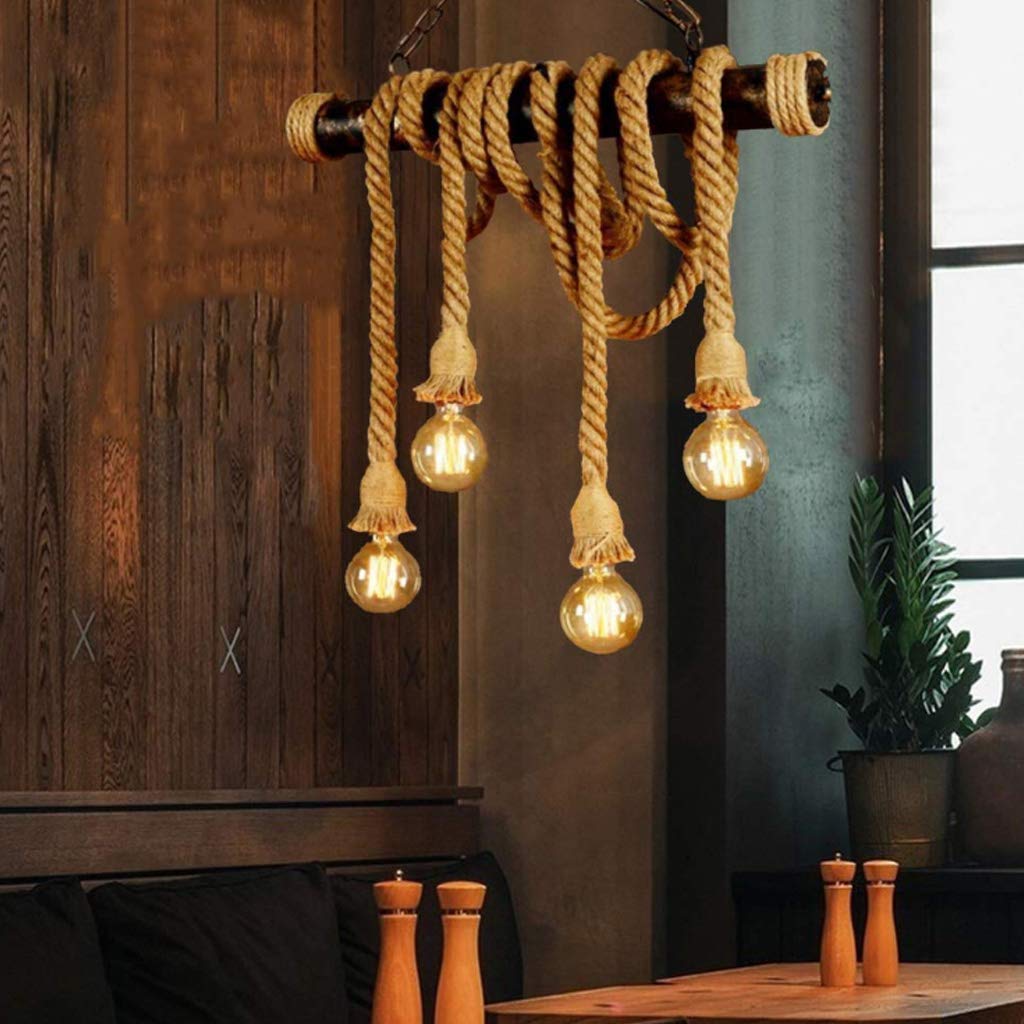 Lámparas De Araña Hierro Cuerda Cáñamo Industria Lámpara Colgante Retro E27*4 Araña De Luces Altura Ajustable Tejida A Mano Interior Living Iluminación Colgante Habitación Restaurante Bar
